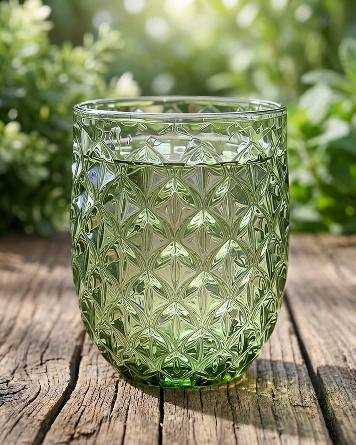 green diamond facet tumbler on wooden surface, green bushy background