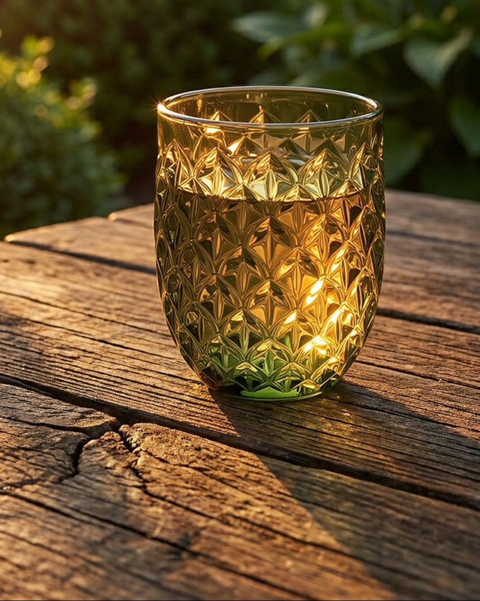 Set of green patterned glass tumblers on a white surface with a gray background