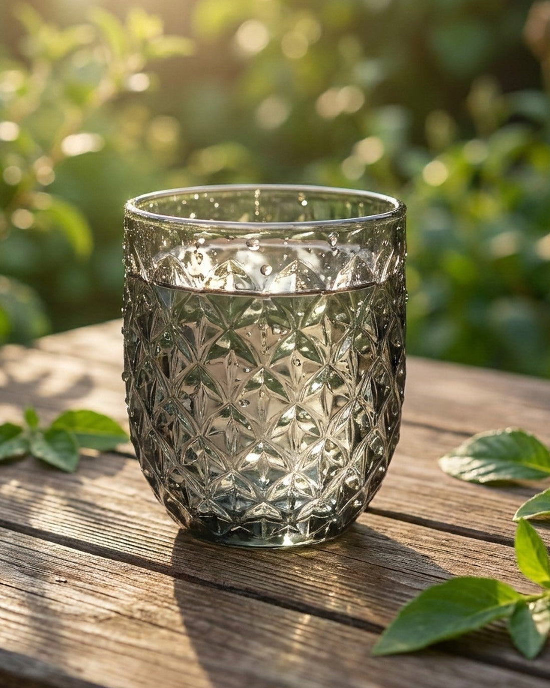 Two textured glass tumblers on a marble surface with a gray background