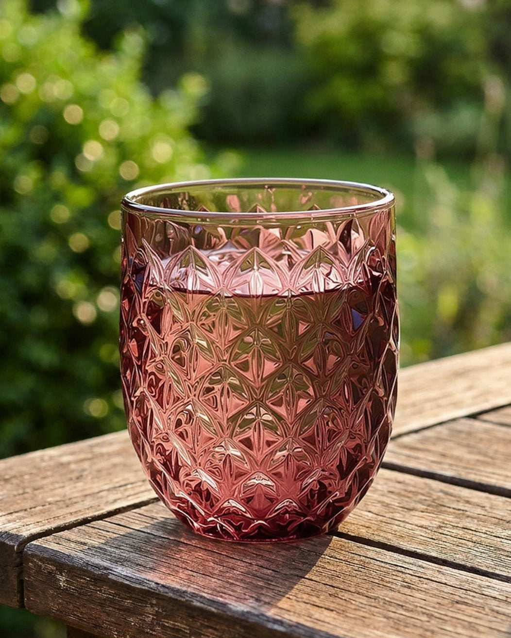 Set of purple glass tumblers with diamond pattern on a marble surface