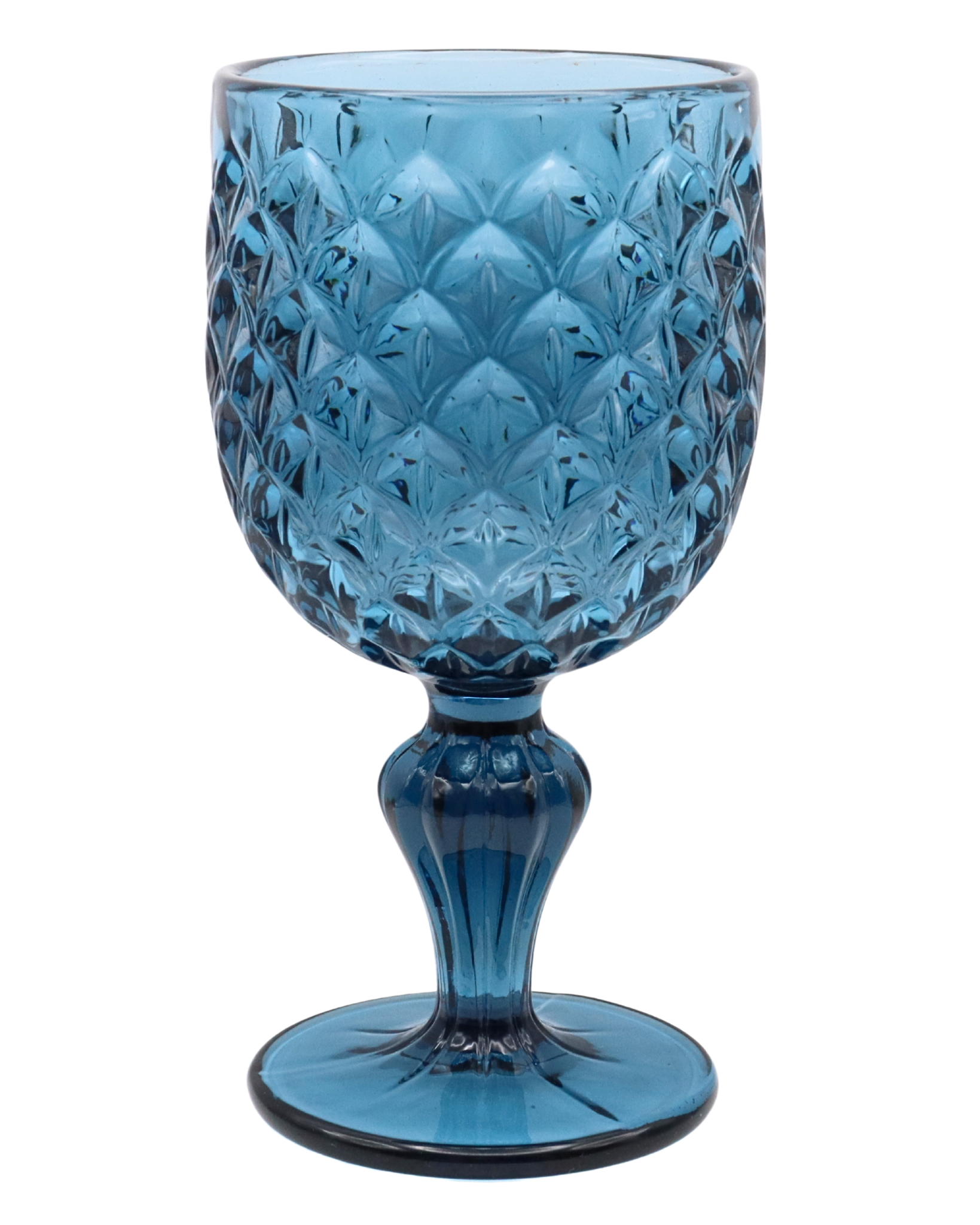Blue textured glass goblet on a white background