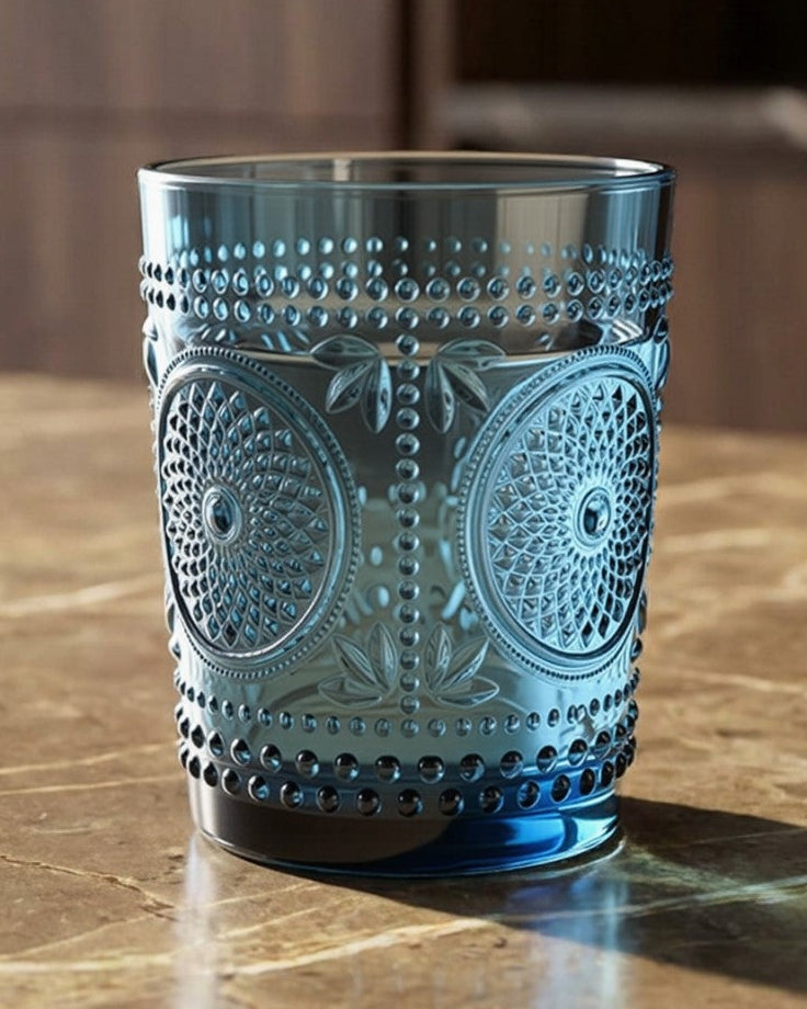 Set of six blue glass tumblers with textured design on a white surface.