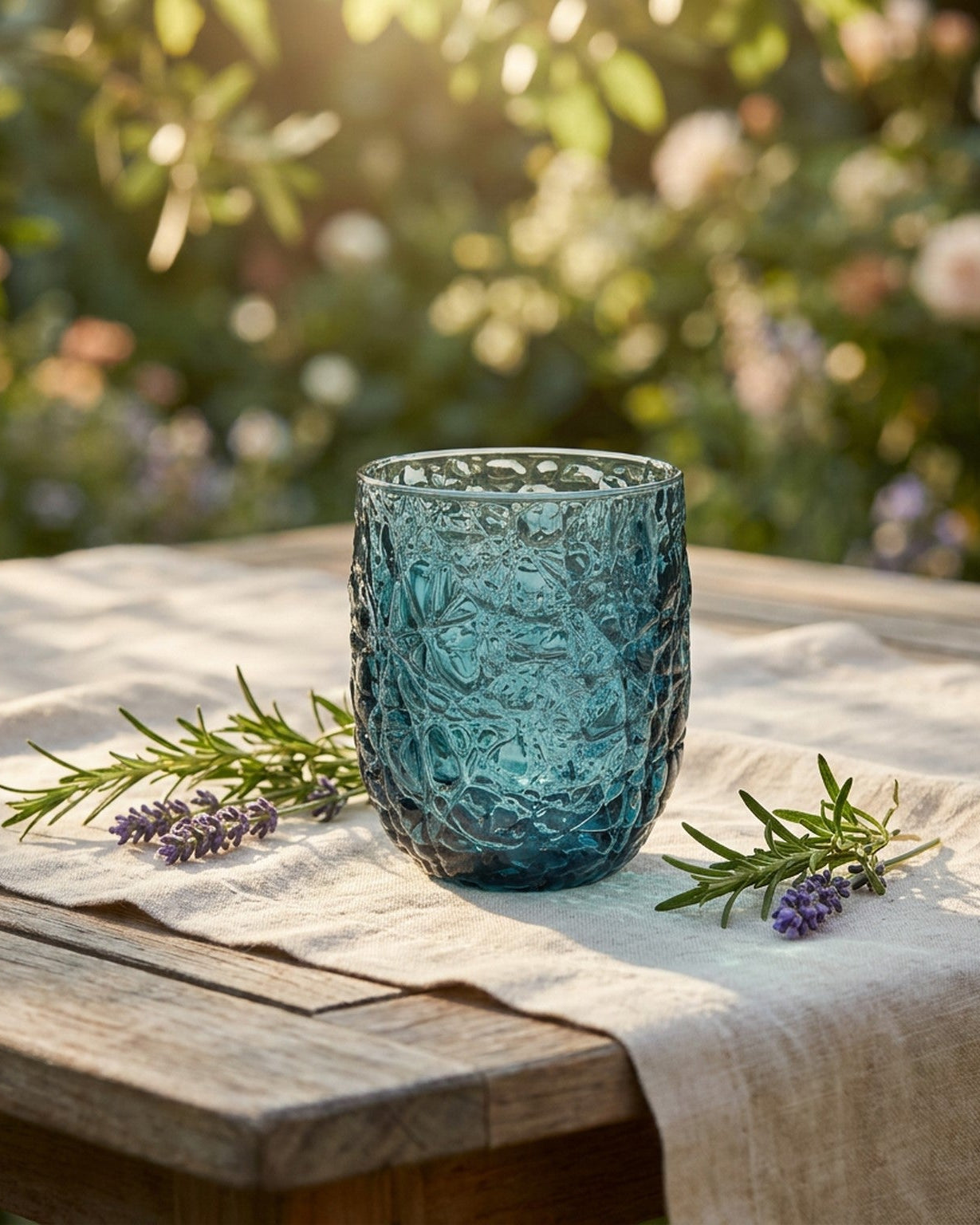 blue glass tumblers on a linen surface with a wooden background