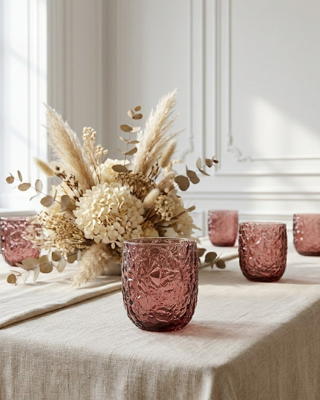 Four purple textured glass tumblers on a light marble surface
