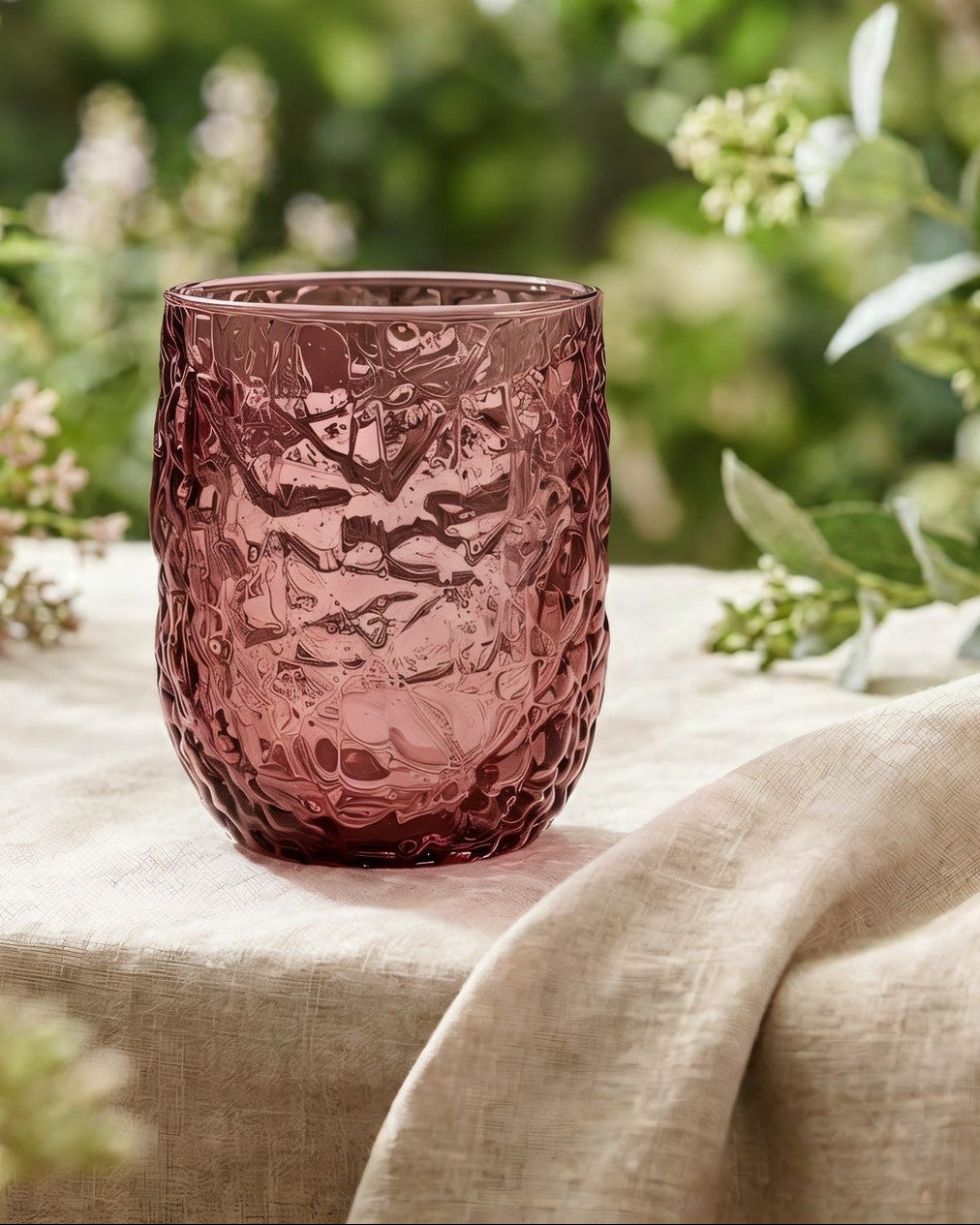 Stack of purple textured glass tumblers on a marble surface