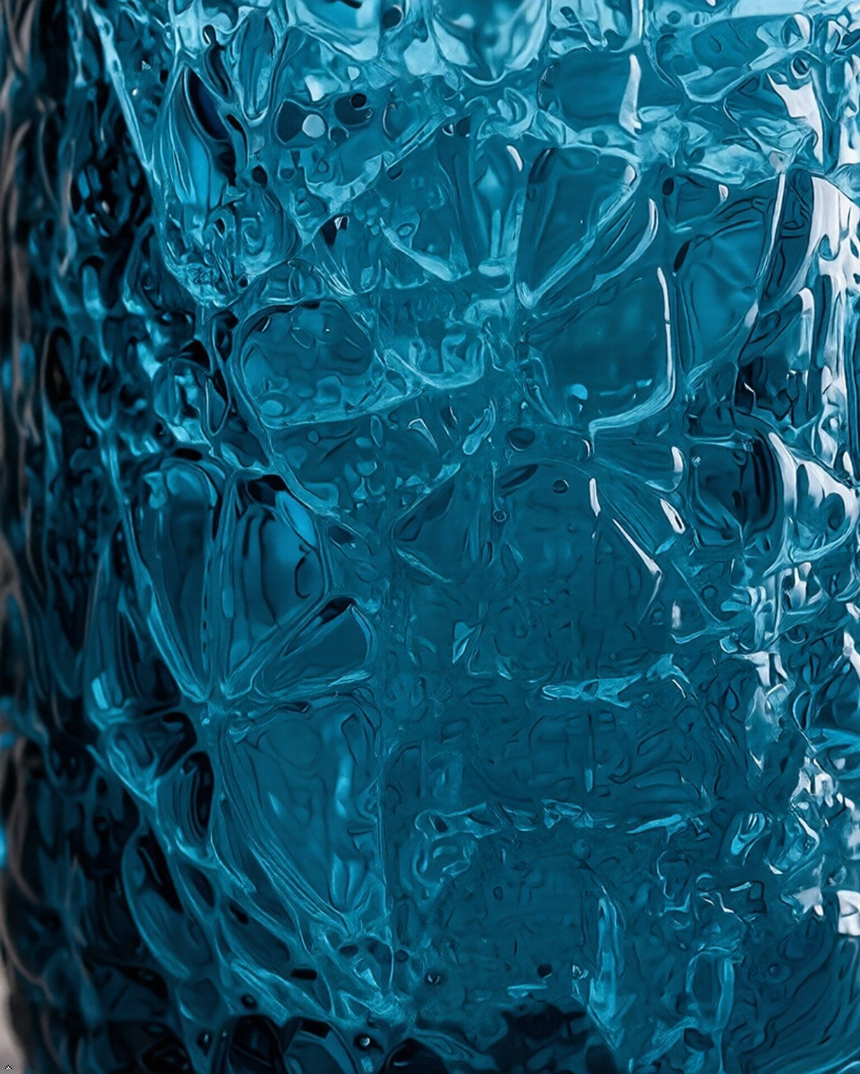 Two textured blue glass tumblers on a wooden surface