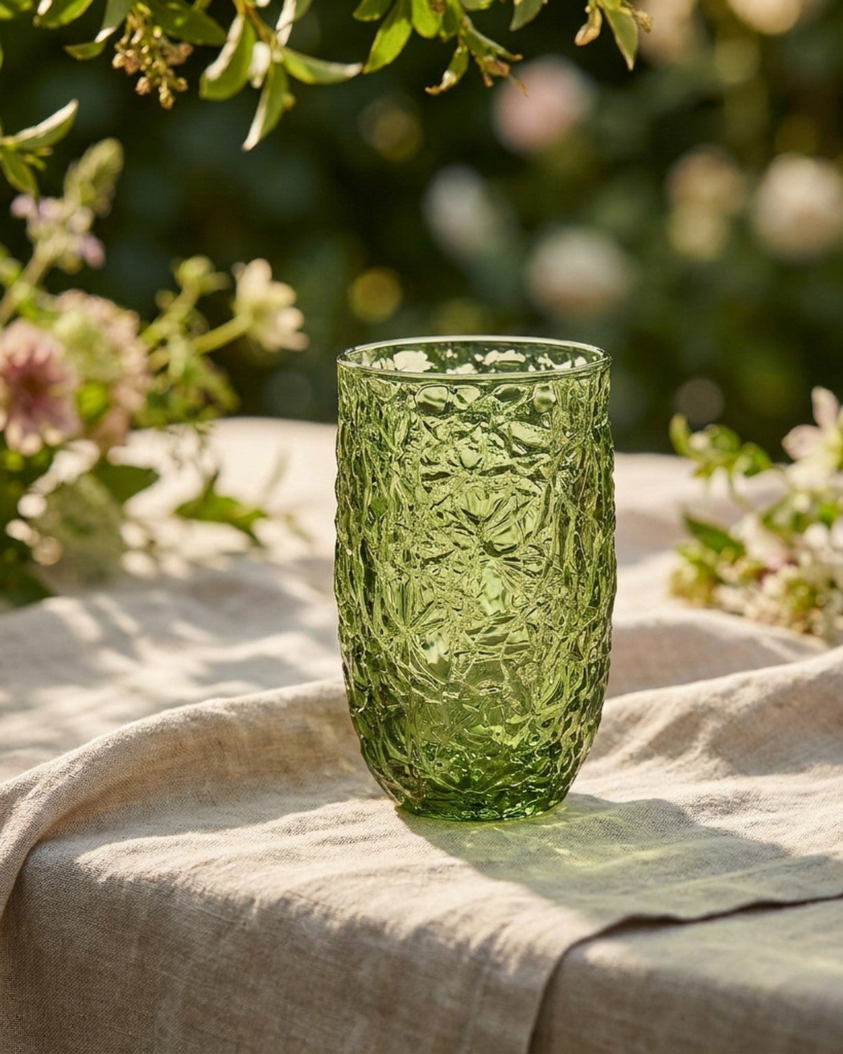 Green Textured Pressed Tall Glass Tumblers