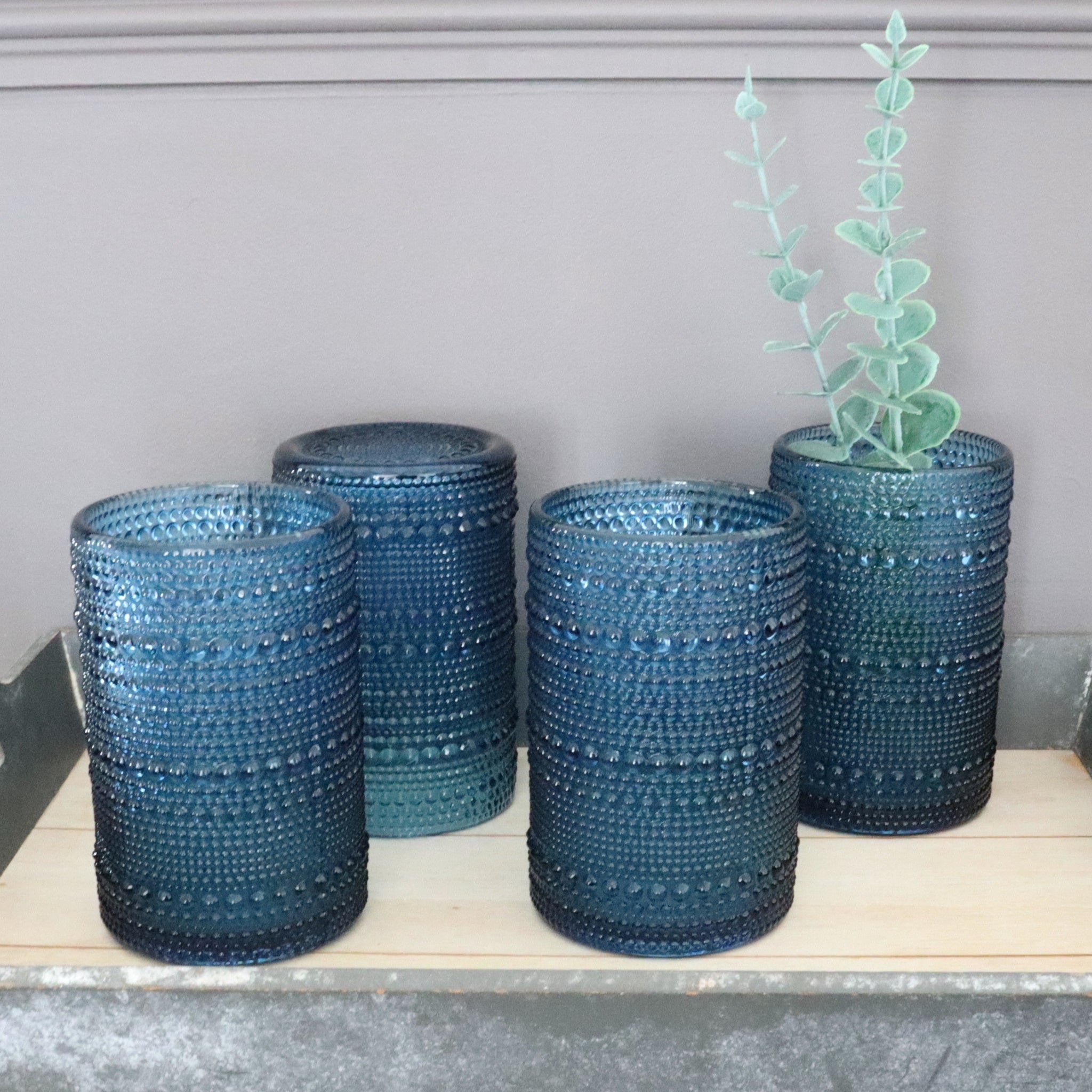 set of blue coloured hi-ball hobnail bead glass tumbers