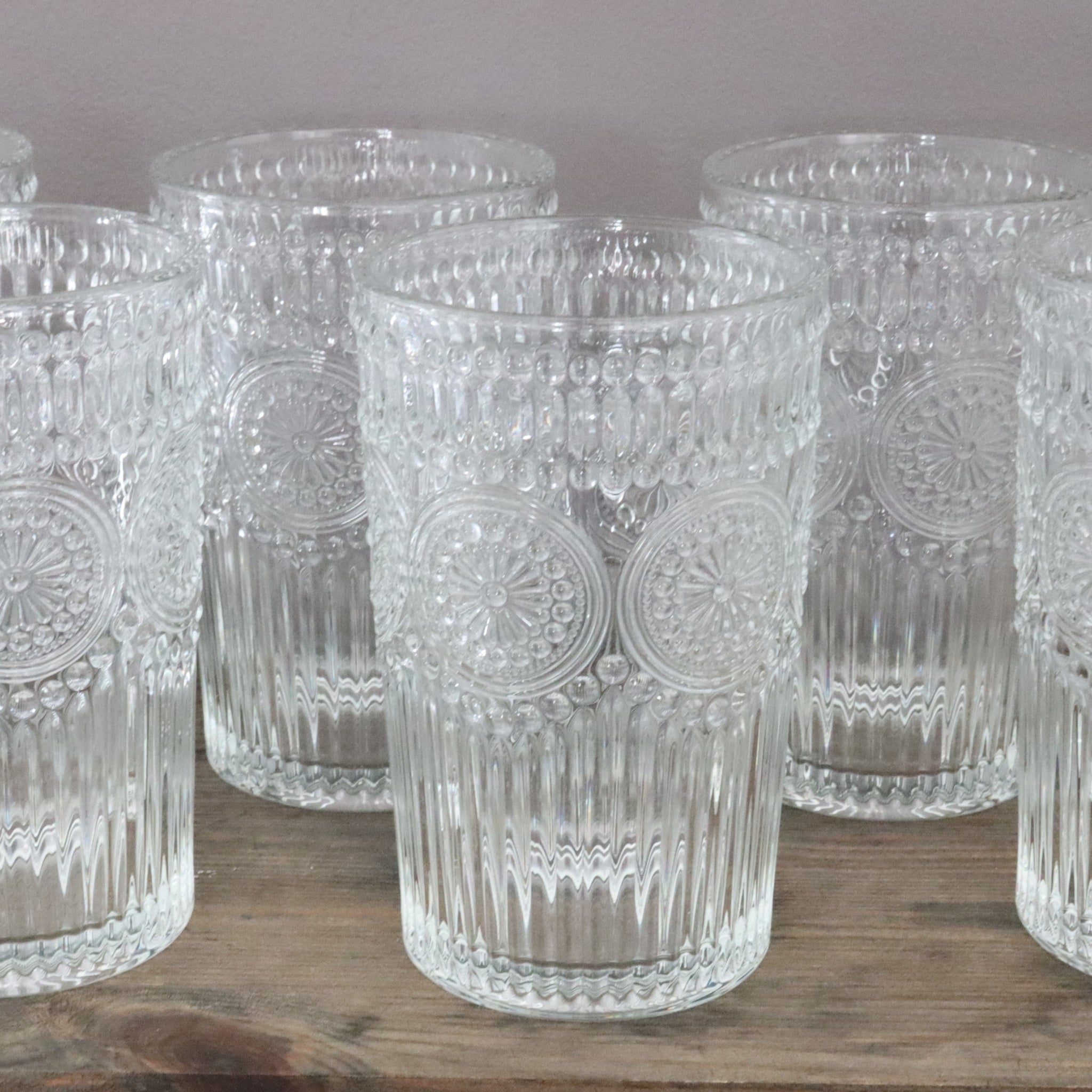 clear embossed set of hi-ball glass tumbers