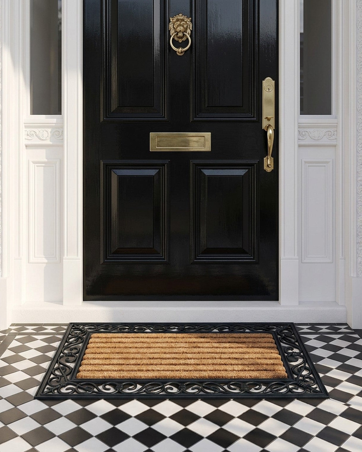 Black door with gold handle and knocker, white wall, and black and white checkered floor.