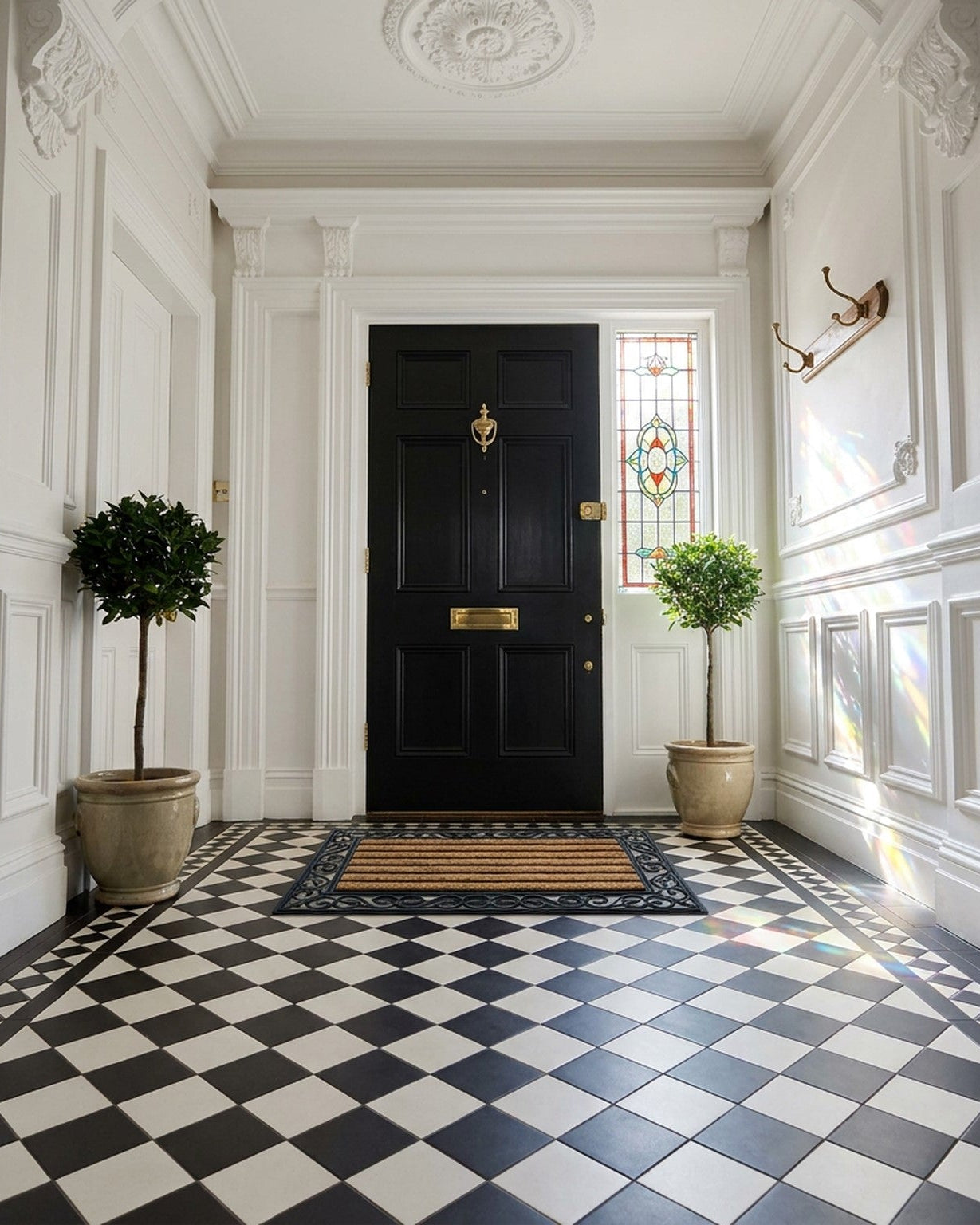 Elegant entranceway with a black door, decorative plants, and a checkered floor.