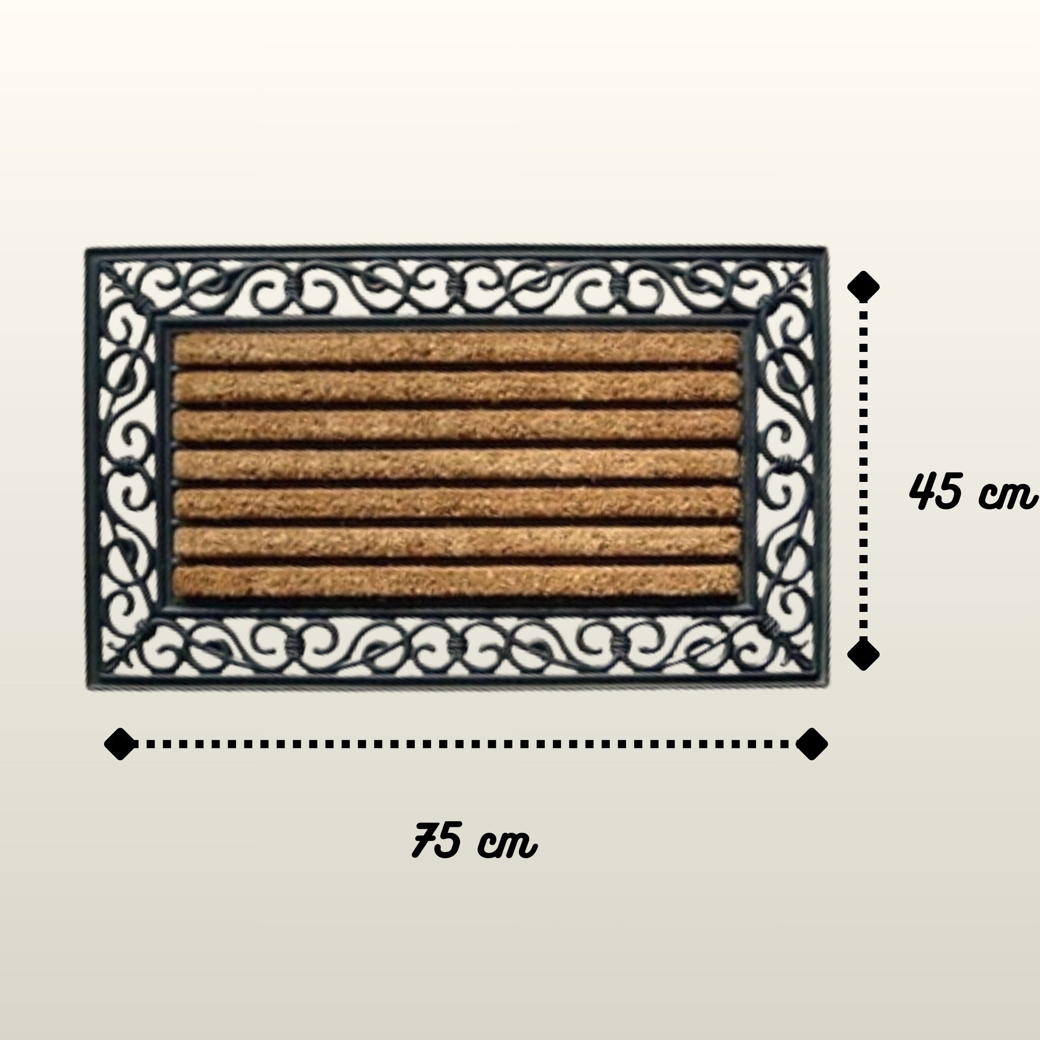 Doormat with decorative border and measurements on a beige background