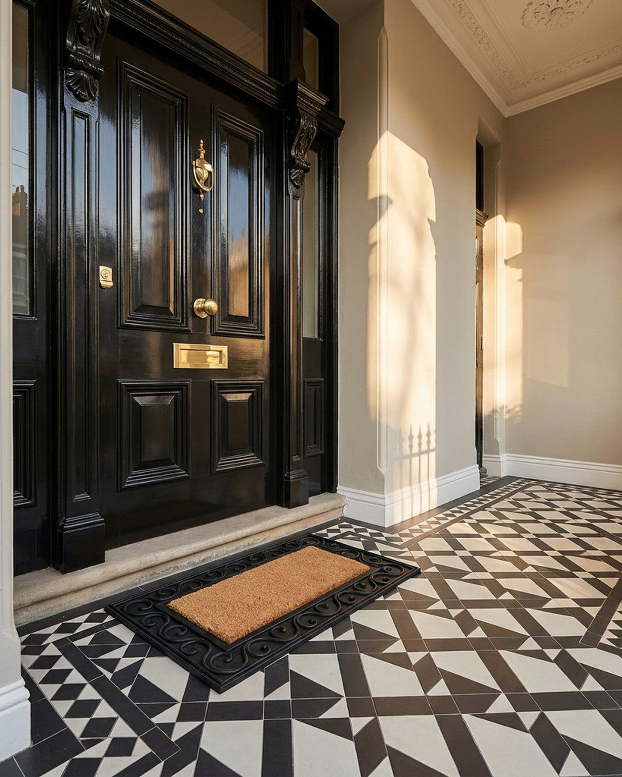 Decorative entrance with a black door, doormat, and patterned floor.