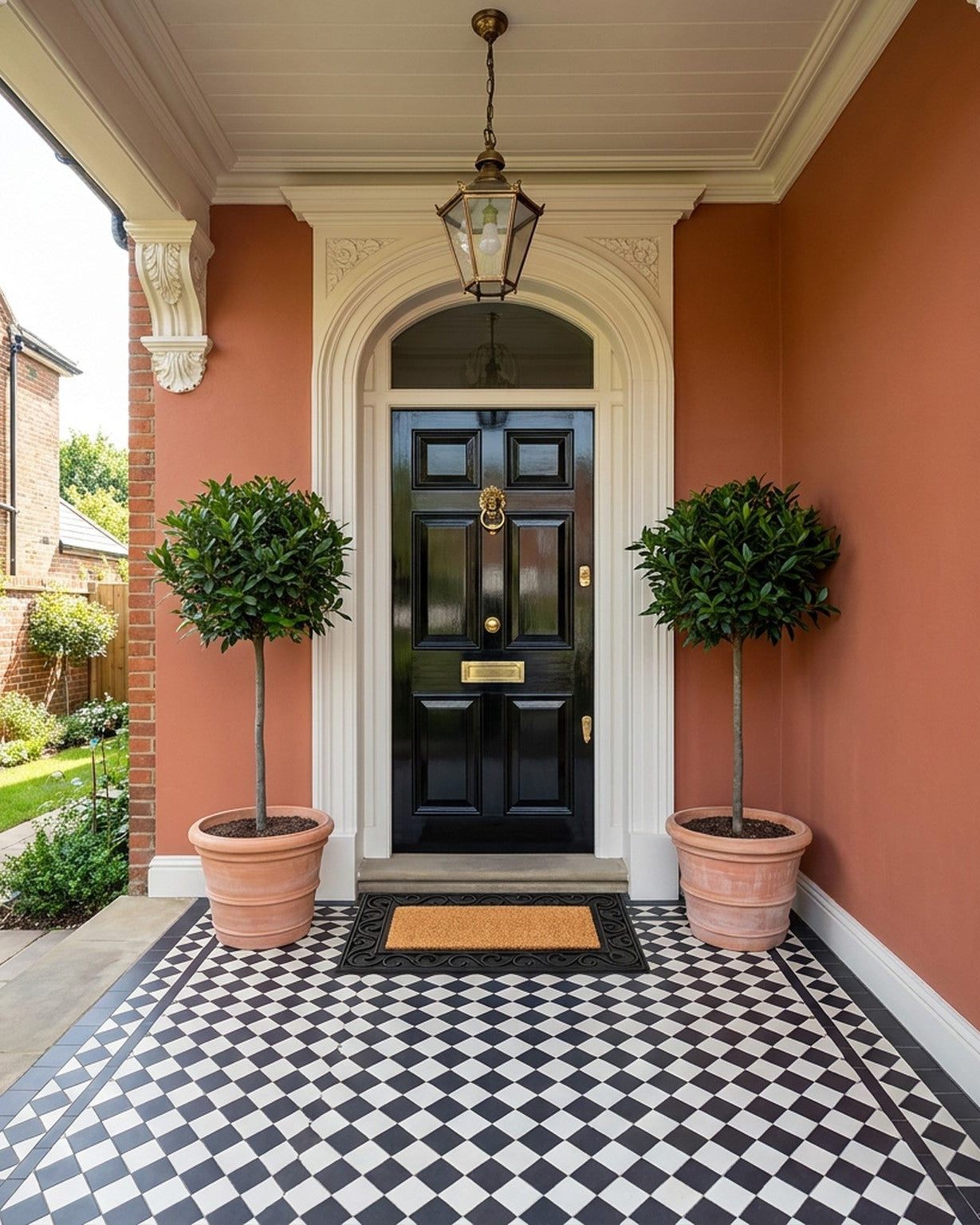 Front door of a house with black doors and gold handles, flanked by two potted plants on a checkered black and white porch.