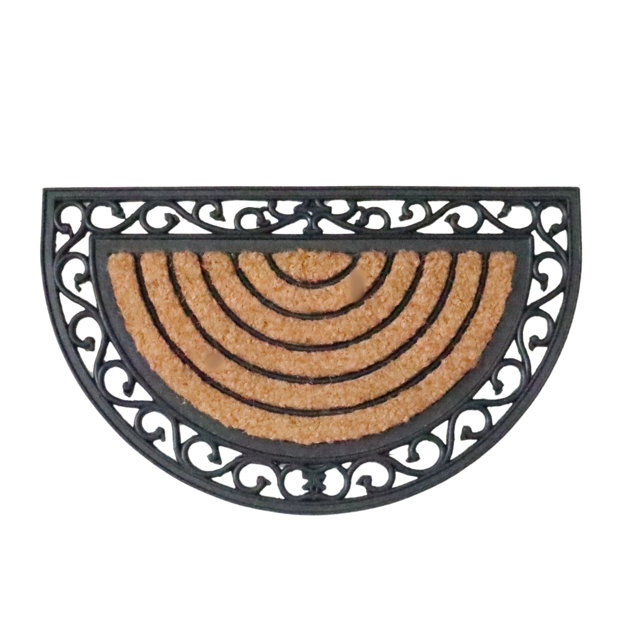 Half-moon doormat with decorative black border on a white background