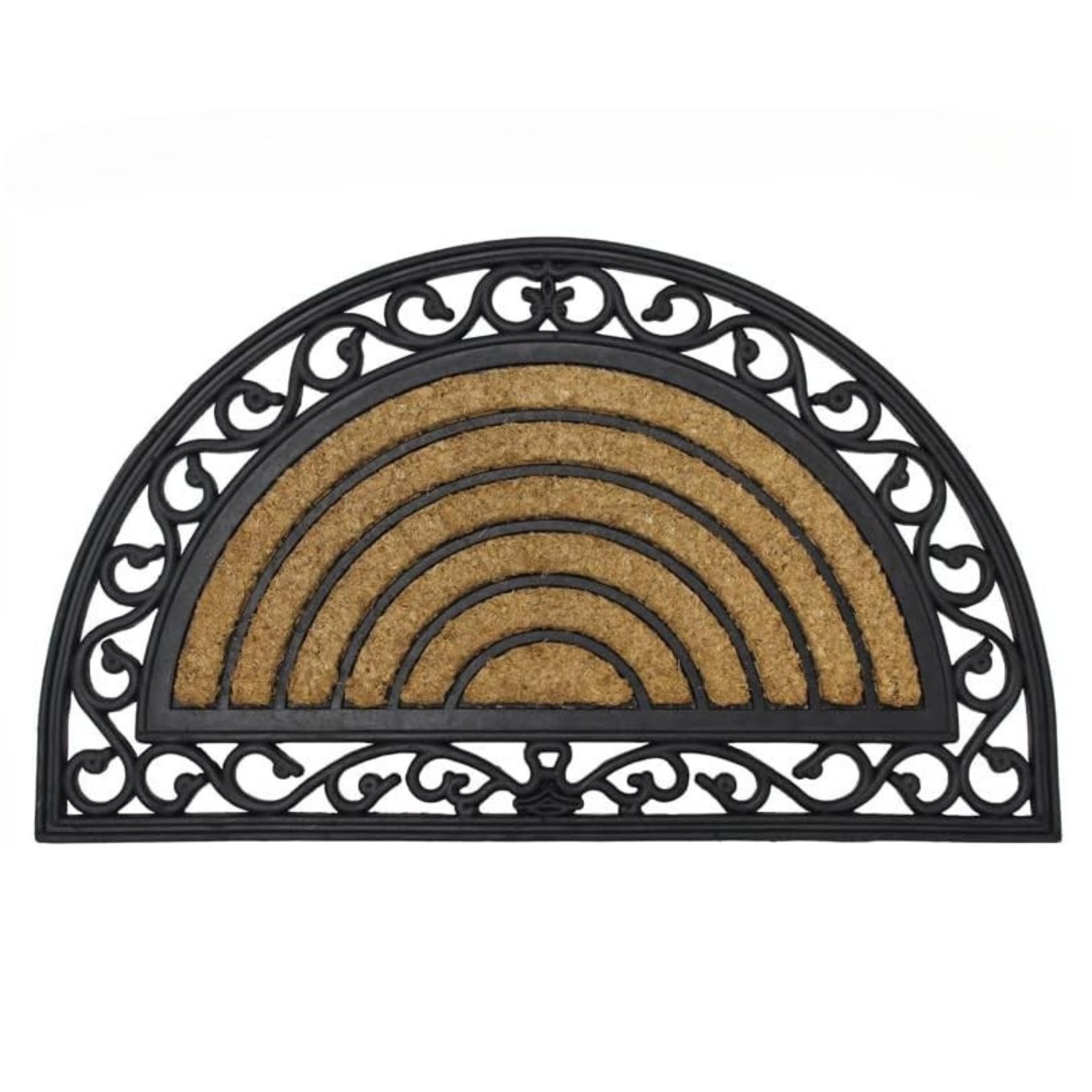 Decorative doormat with black metal frame and brown mat on a white background