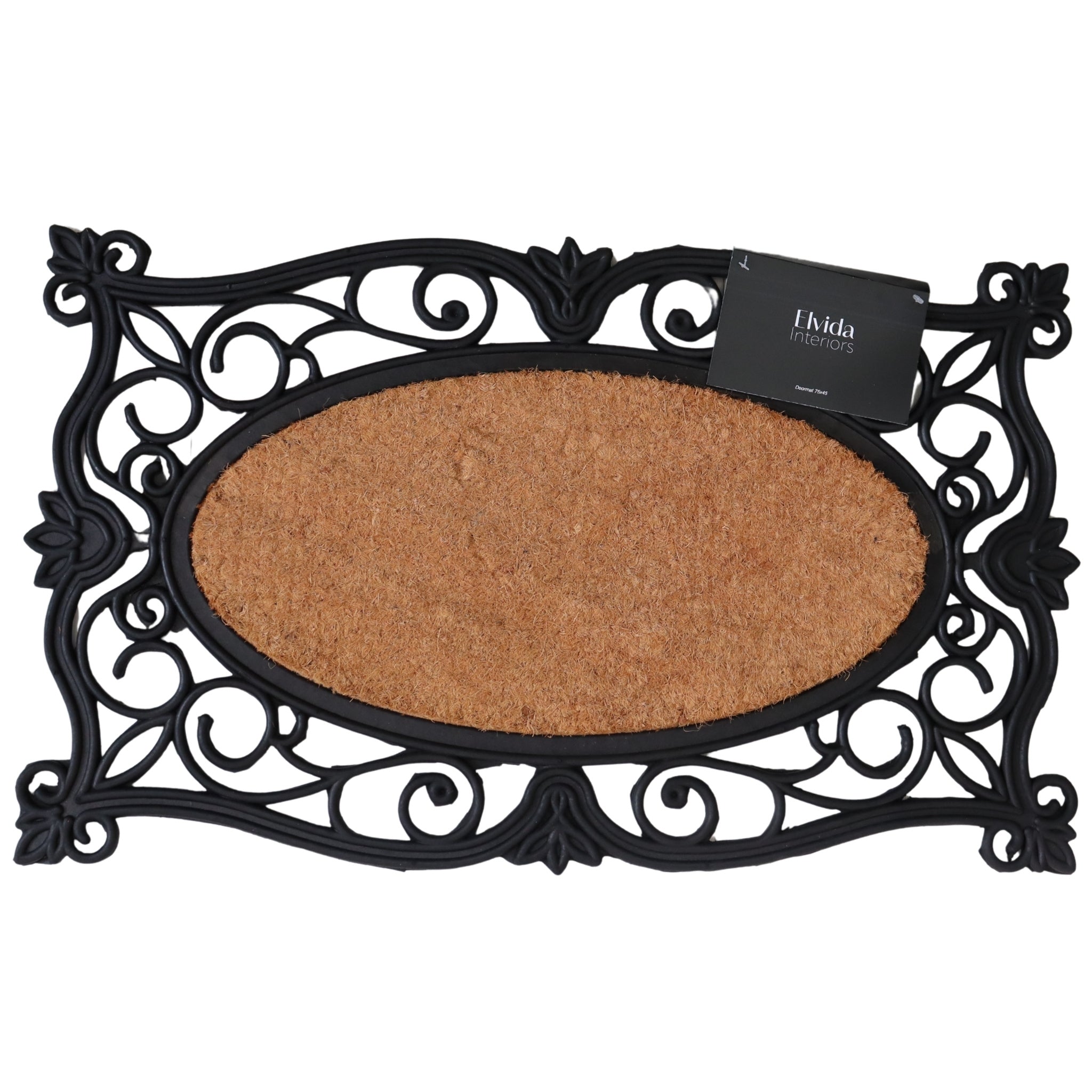 Decorative doormat with black ornate frame and brown mat, branded 'Elvida Interiors'.