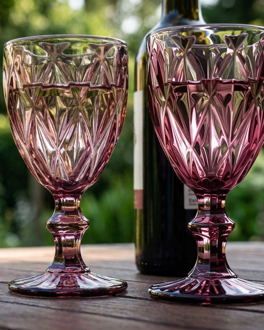 Two pink crystal goblets on a wooden table with a blurred green outdoor background