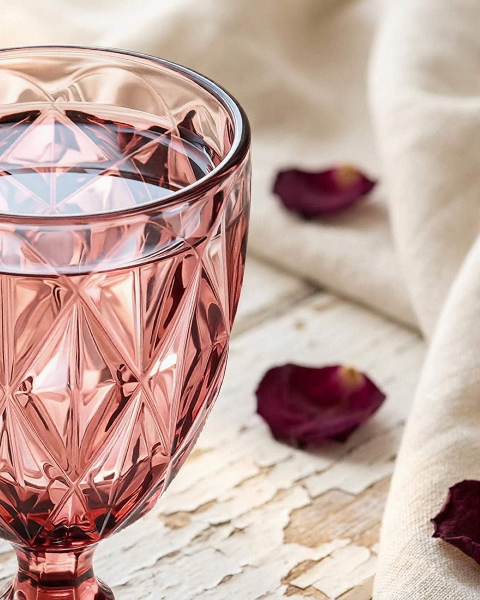 Pink glass with diamond cut pattern on a textured surface with purple petals