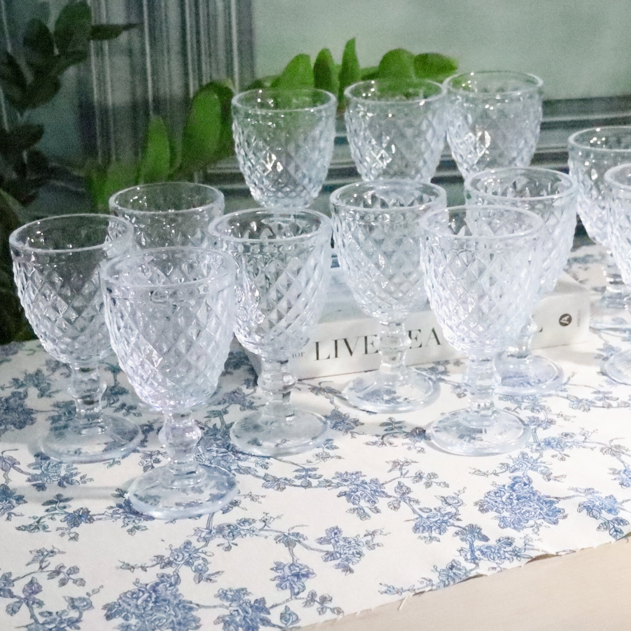 Set of clear glass tumblers on a floral tablecloth with a plant in the background