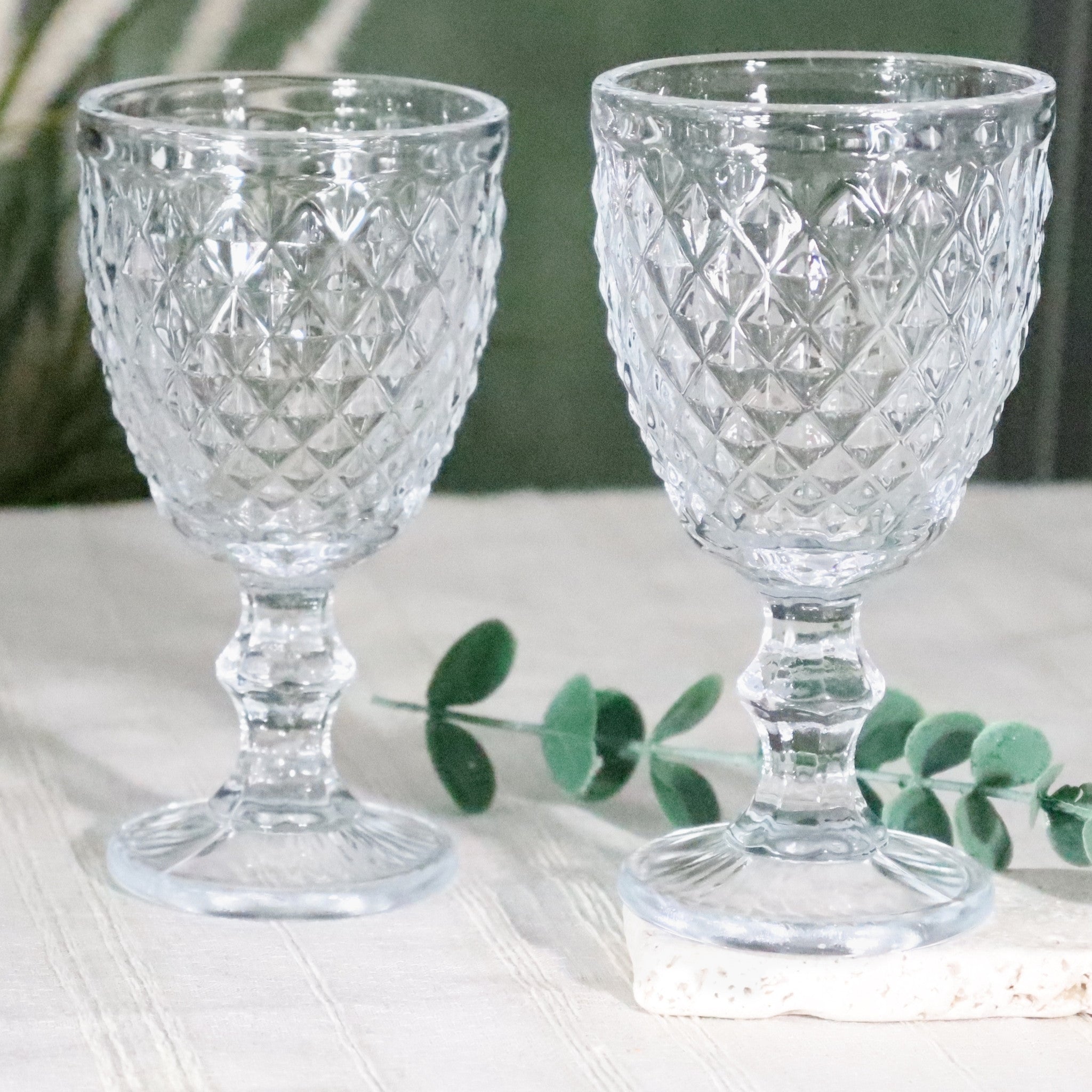 Two clear glass goblets with diamond pattern on a white surface with greenery in the background