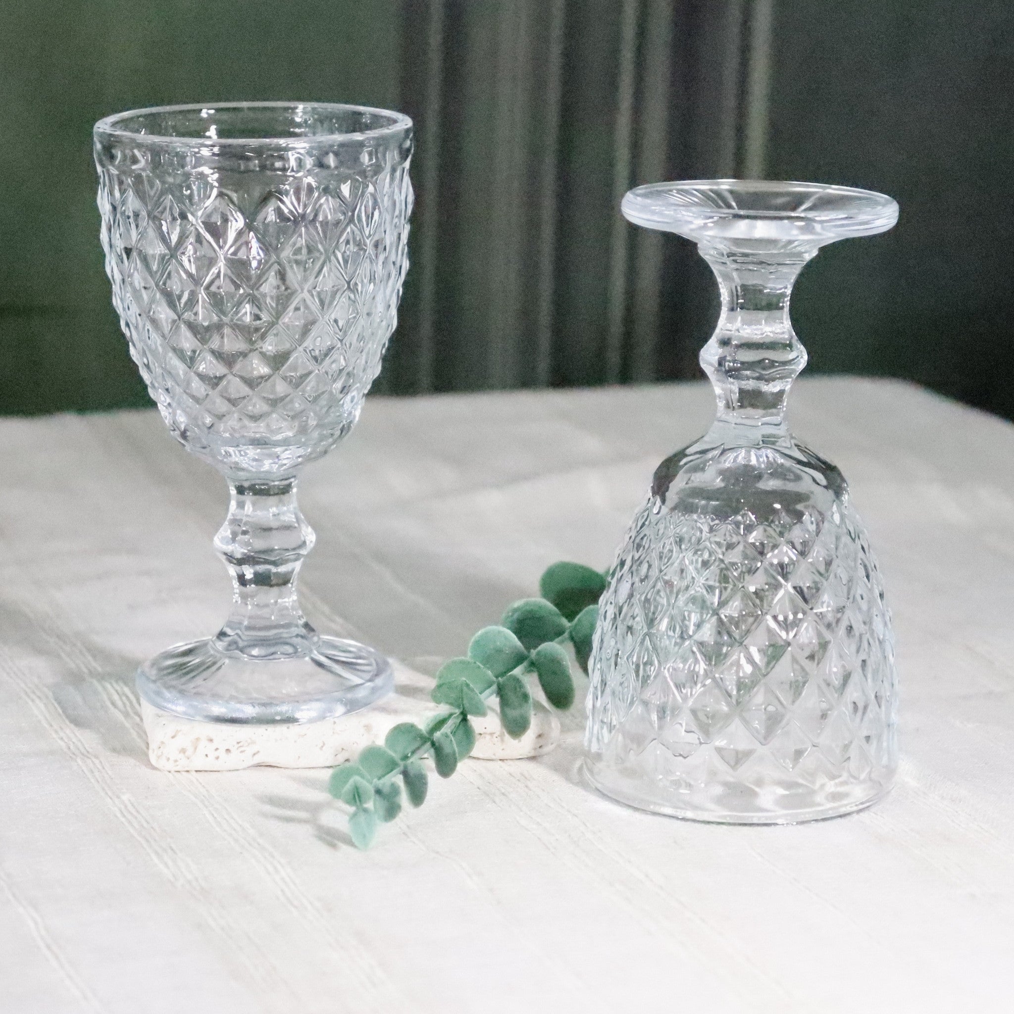 Two clear glass goblets on a white surface with a green leafy branch.