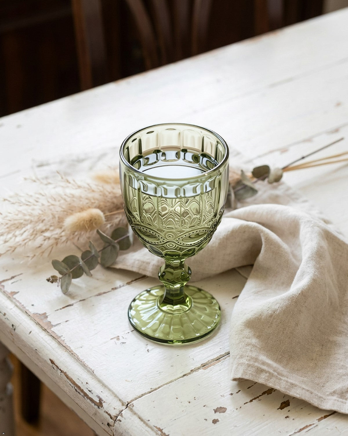 Vintage Green Embossed Wine Goblets