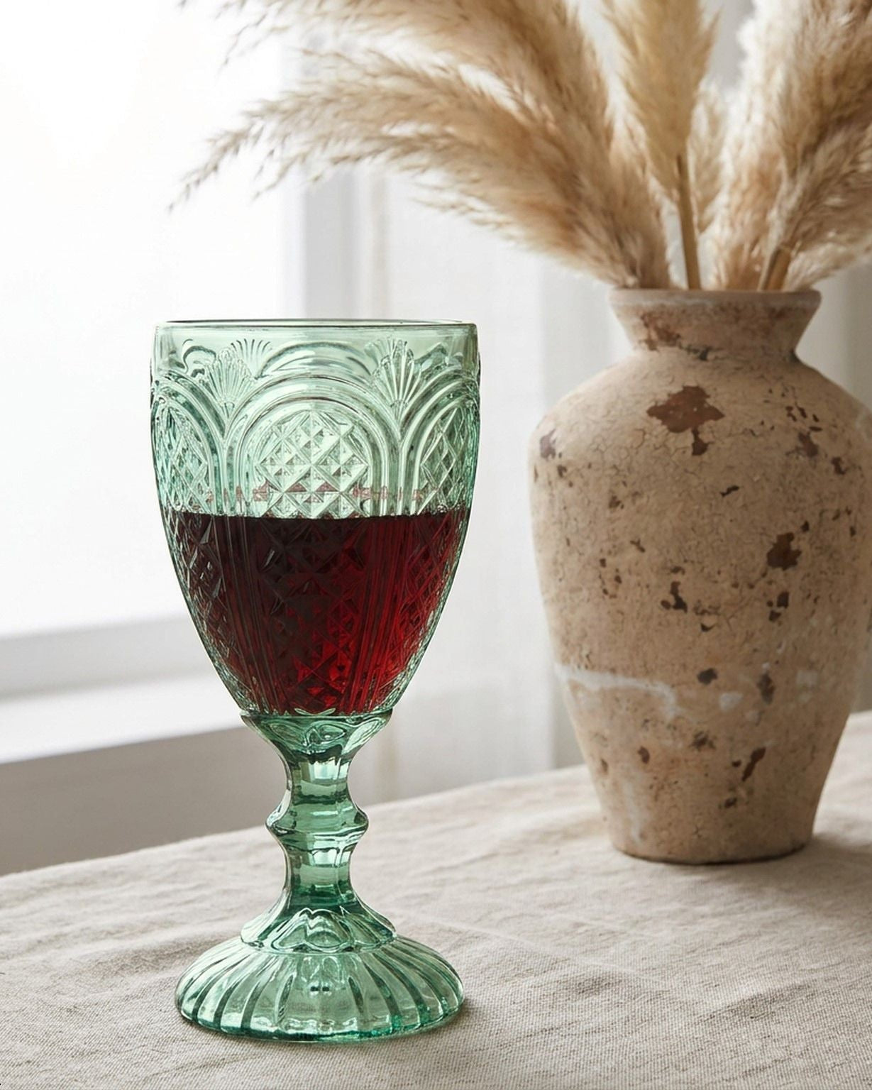 Set of six green glass goblets on a white surface with flowers and books in the background.