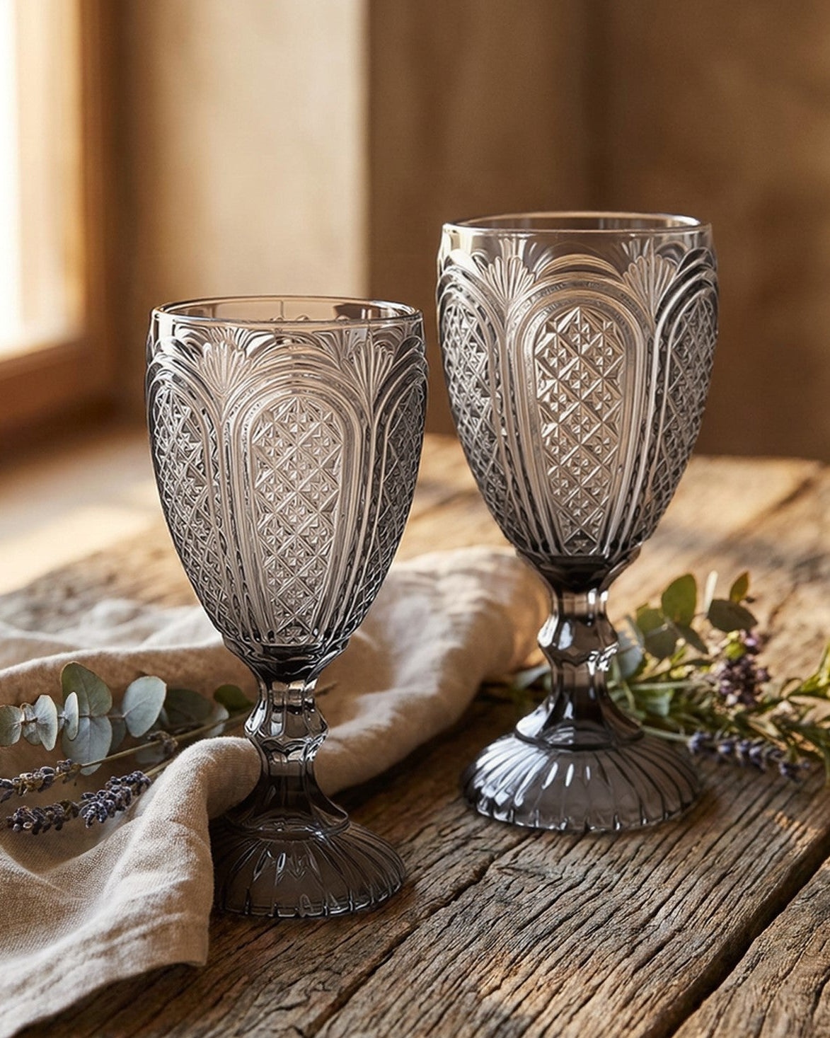 Decorative glass goblet with intricate patterns on a blurred background