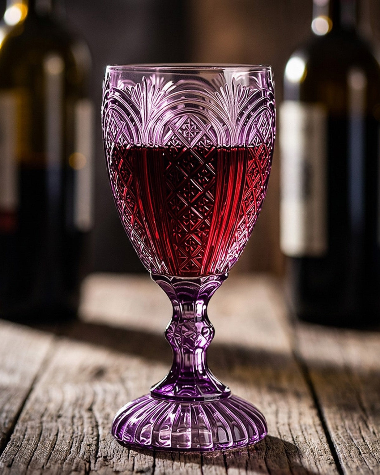 Pink glass goblet with floral arrangement on a white surface