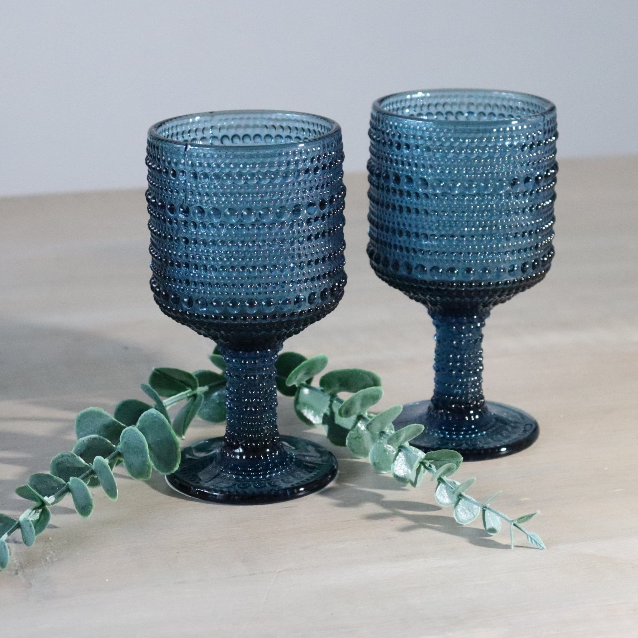 Blue Hobnail Bead Glass Wine Goblet