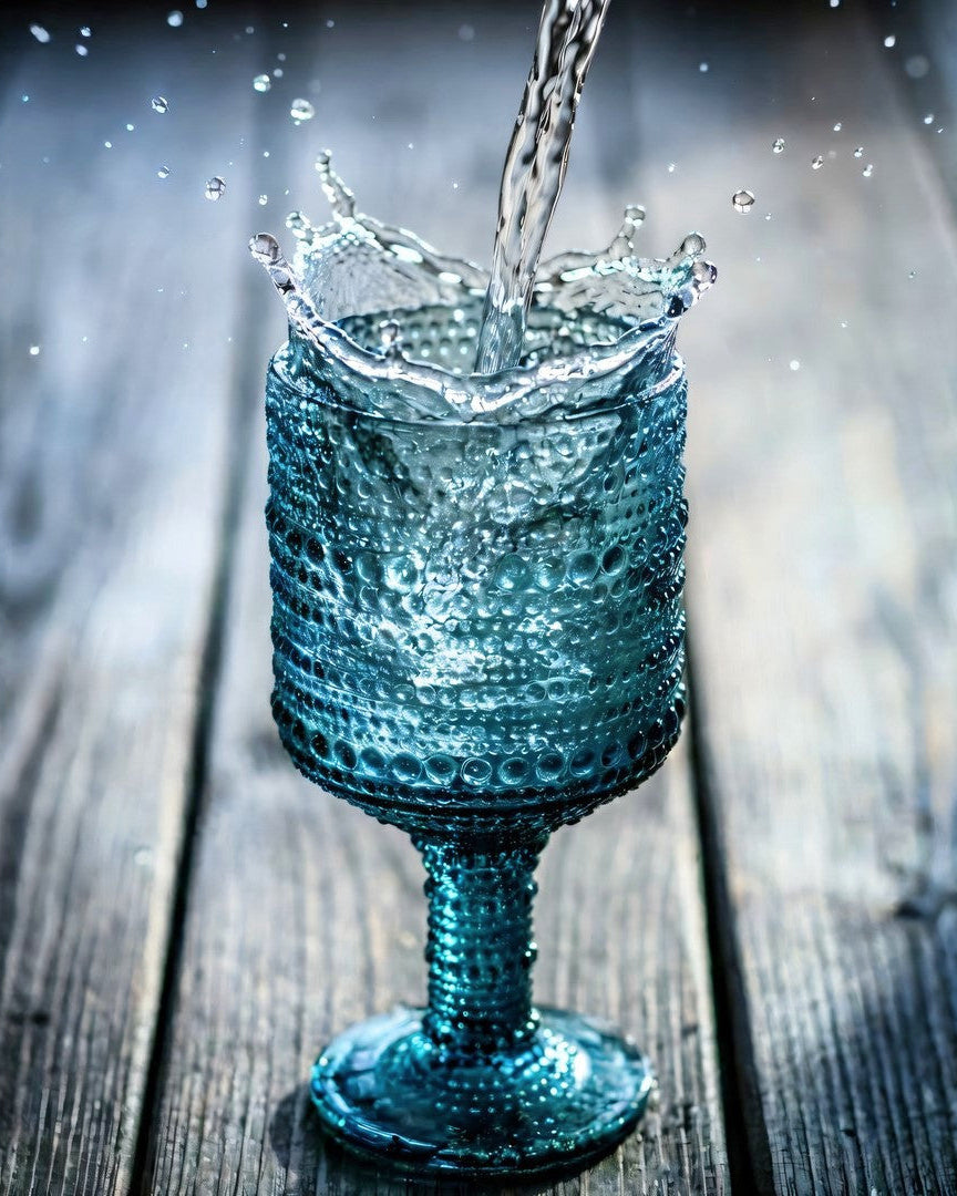 Blue textured glass being filled with water on a wooden surface