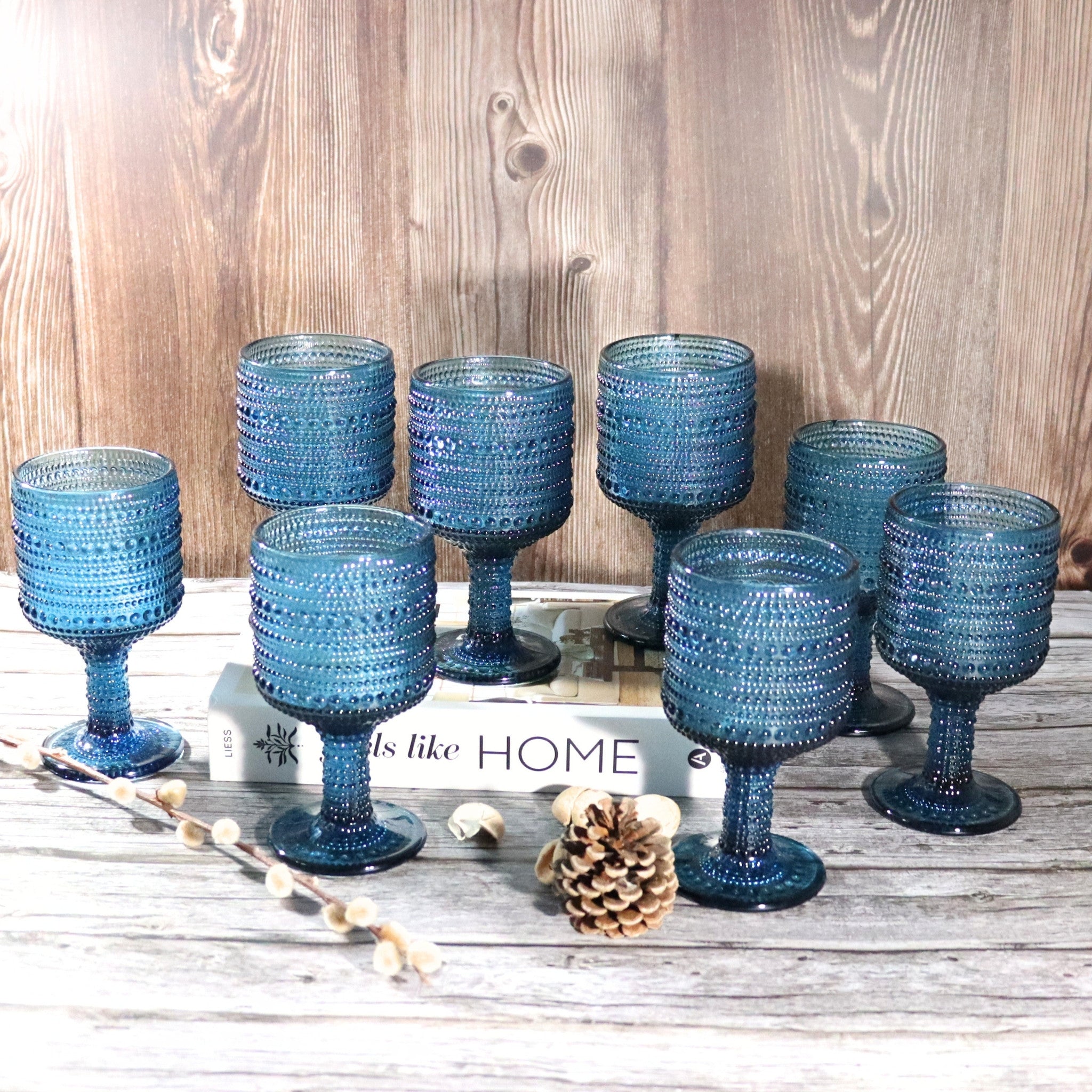 Blue Hobnail Bead Glass Wine Goblets