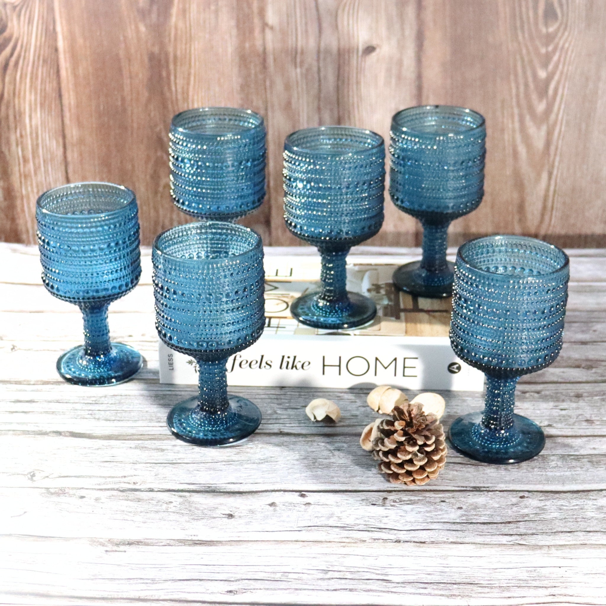 Blue Hobnail Bead Glass Wine Goblets