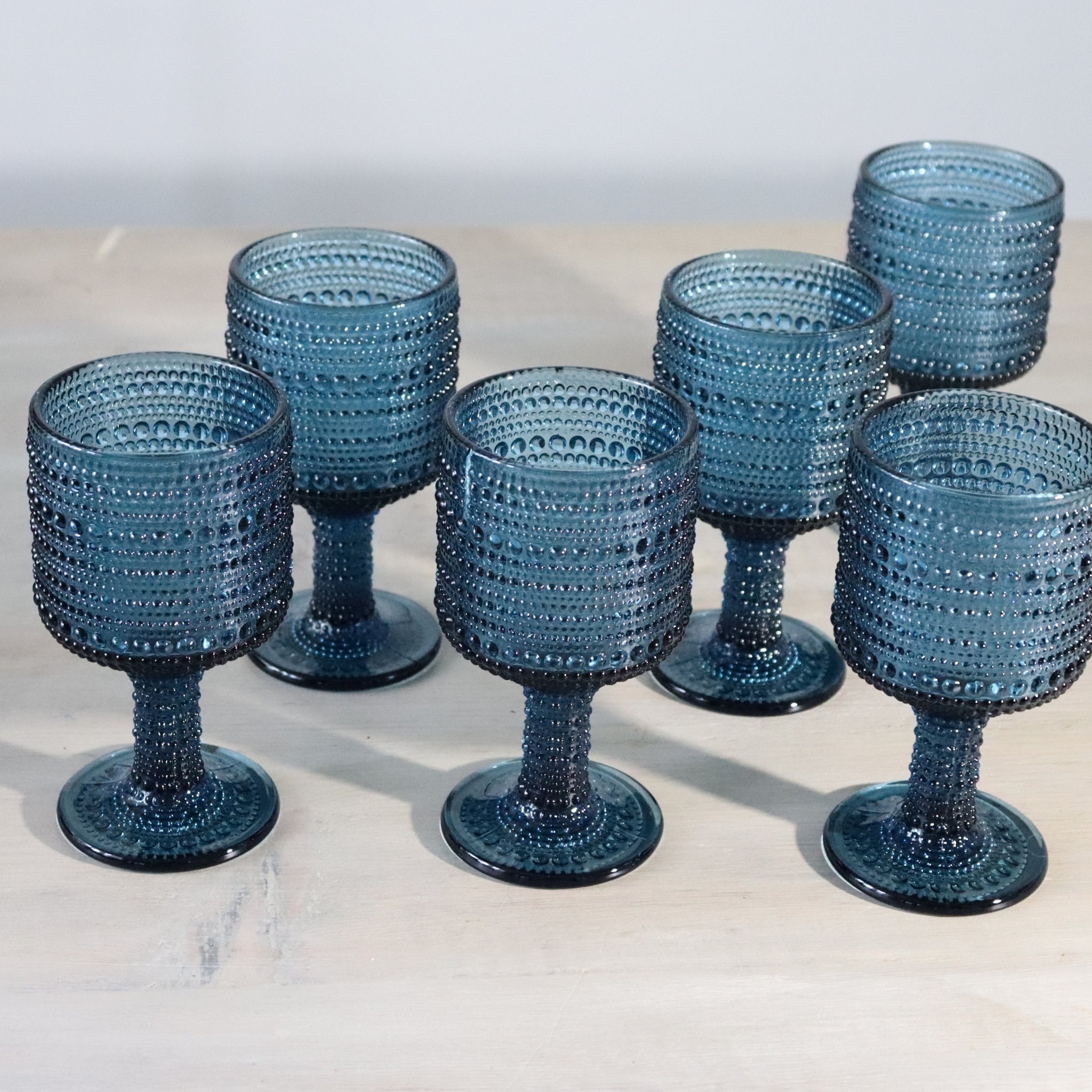 Blue Hobnail Bead Glass Wine Goblet
