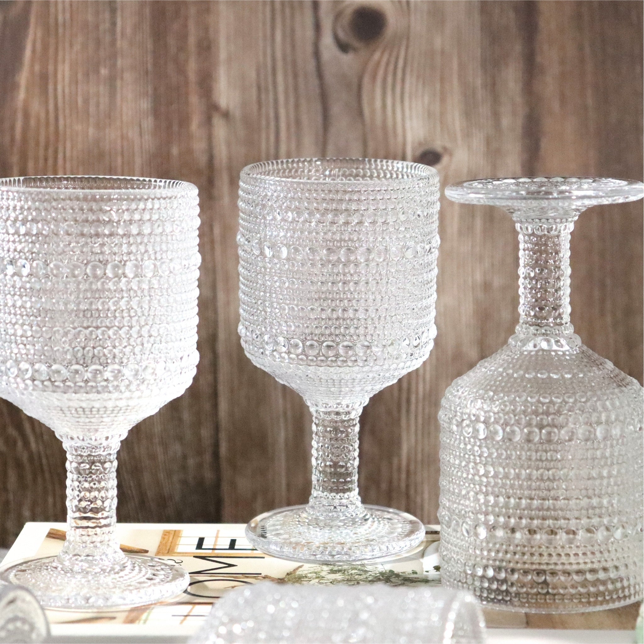 Clear Hobnail Bead Glass Wine Goblets