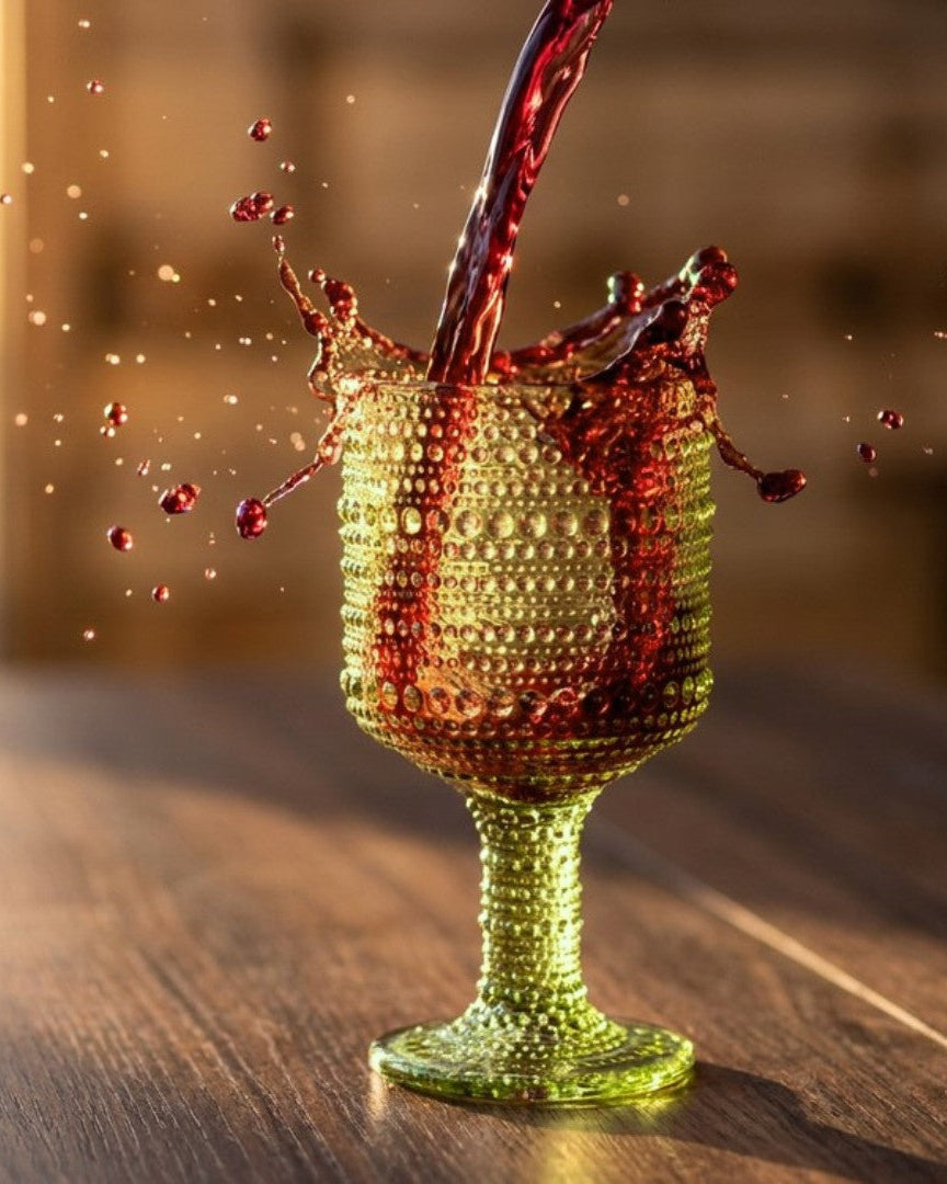 Two green glass goblets on a wooden surface with decorative elements.