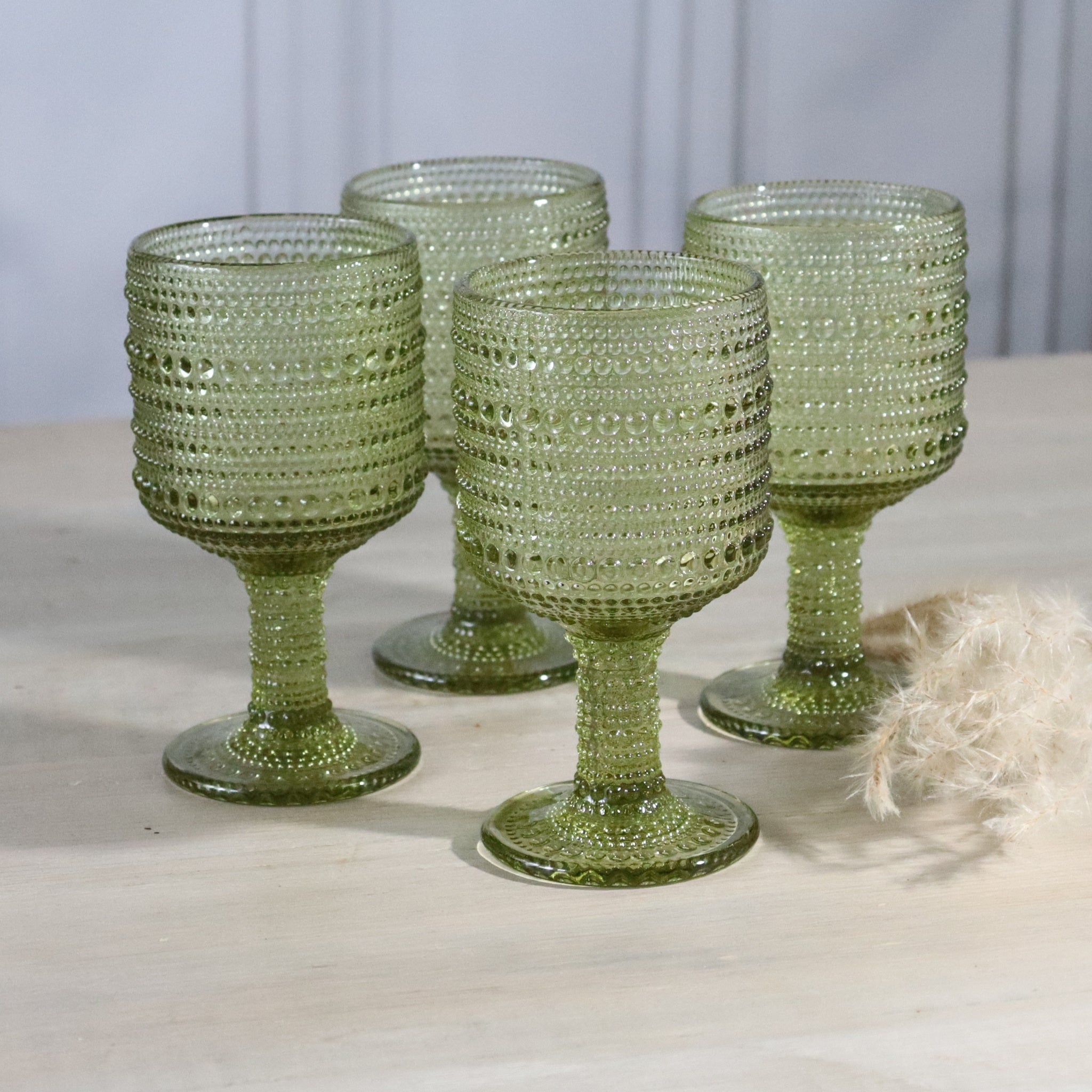 Green Hobnail Bead Glass Wine Goblet