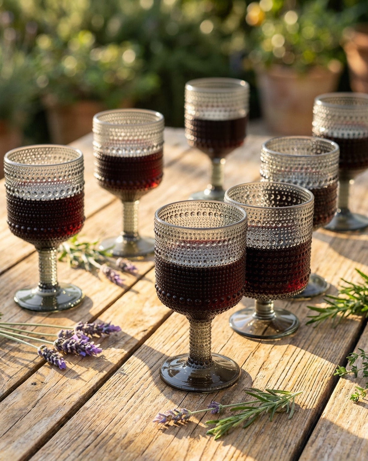 Set of green textured glass goblets on a wooden surface