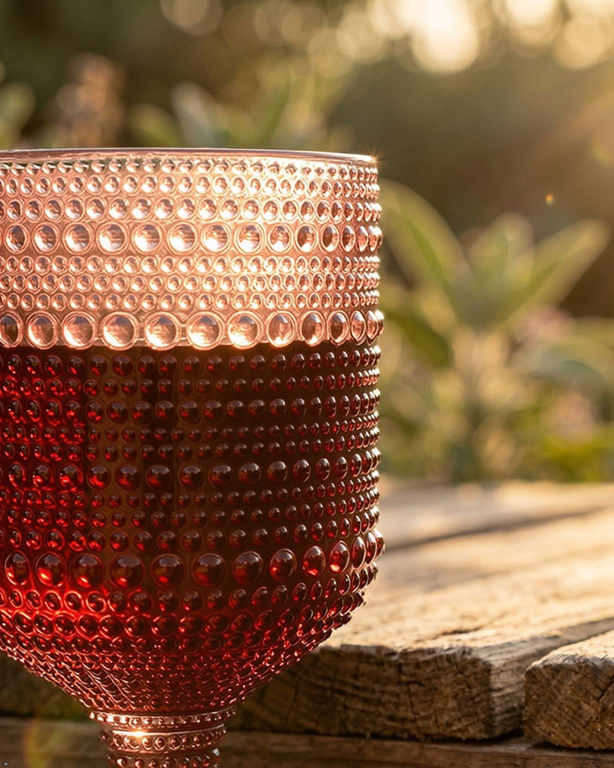 Set of purple beaded glasses on a floral tablecloth with greenery.