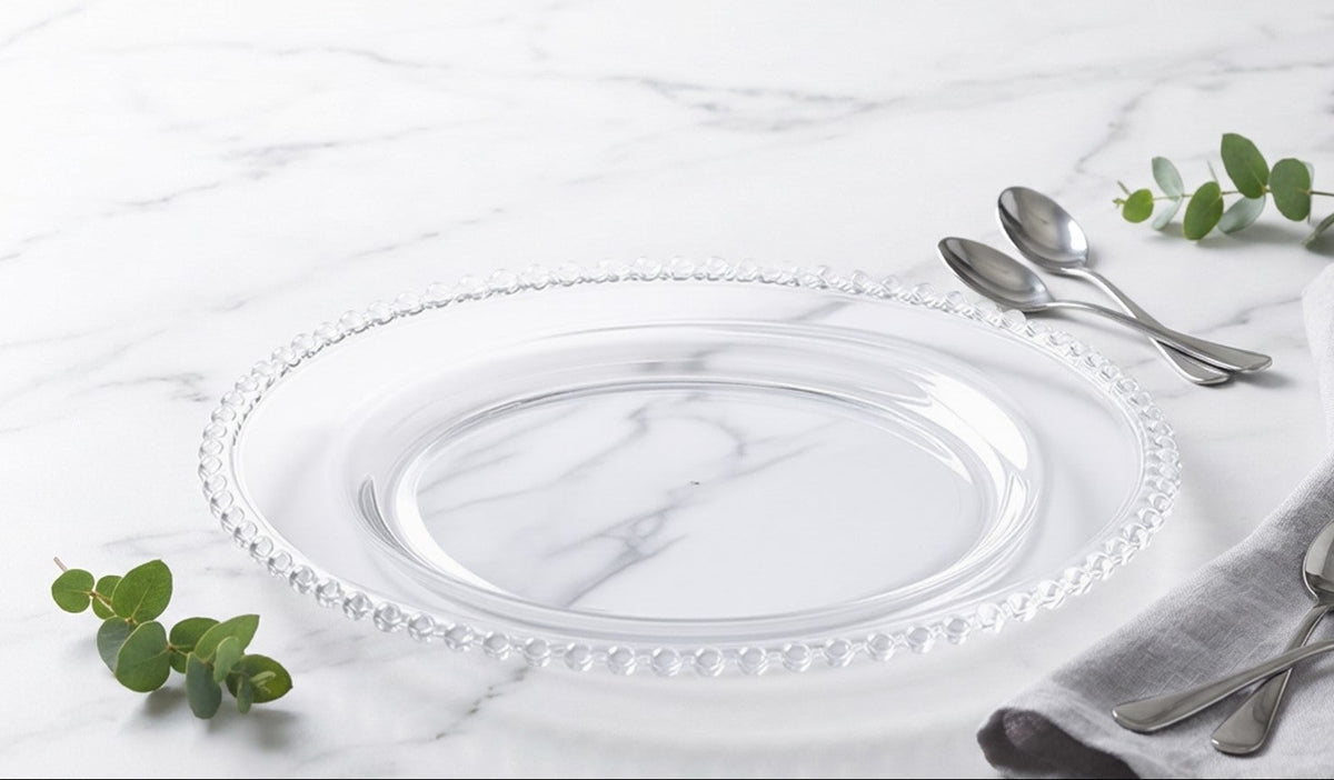 Glass Charger Plate With Clear Bead Edge
