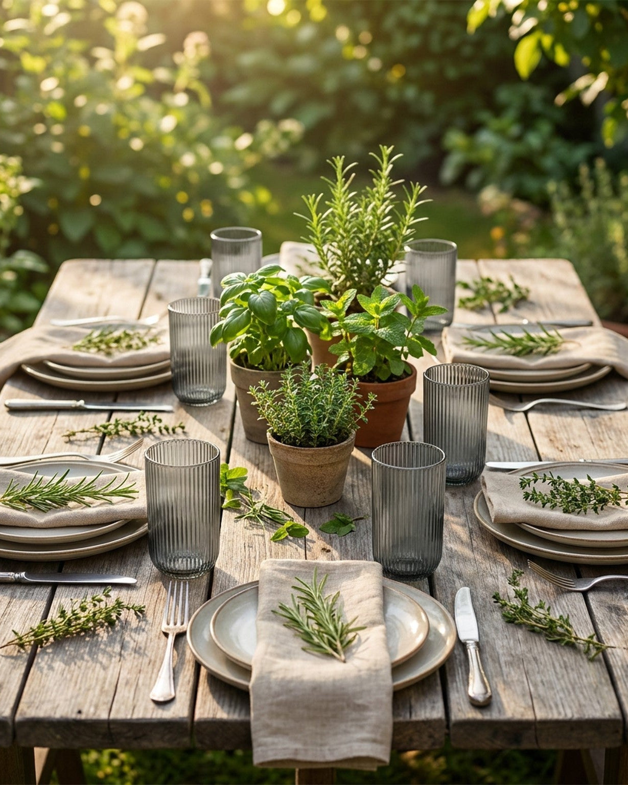Set of ribbed glass tumblers on a wooden surface with seashells and branches.