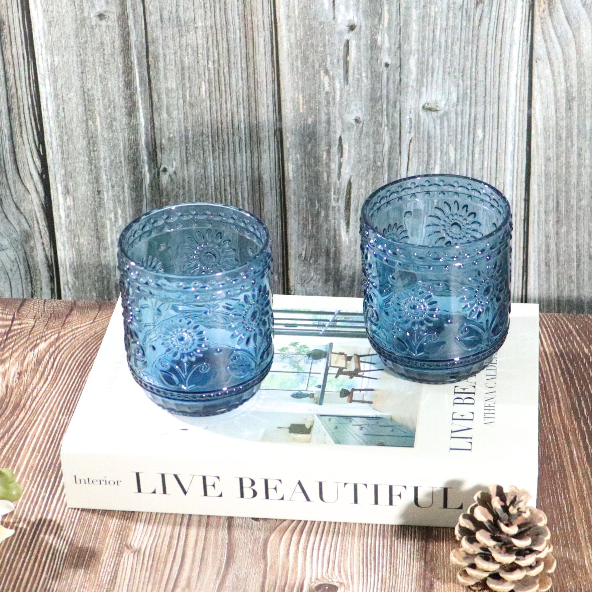 Blue Floral Embossed Glass Tumbler