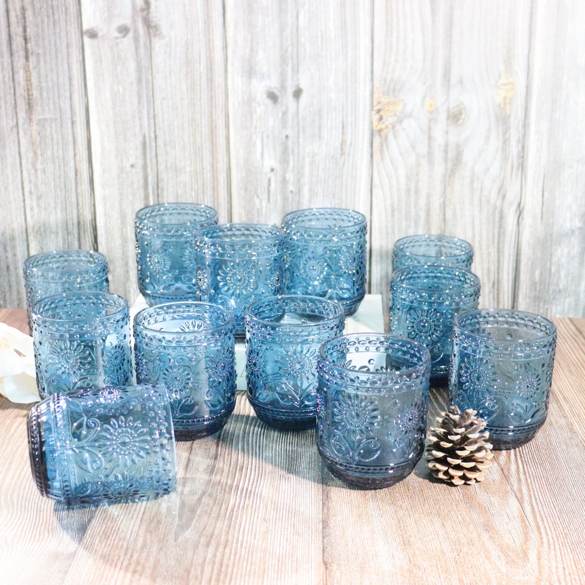 Blue Floral Embossed Glass Tumbler