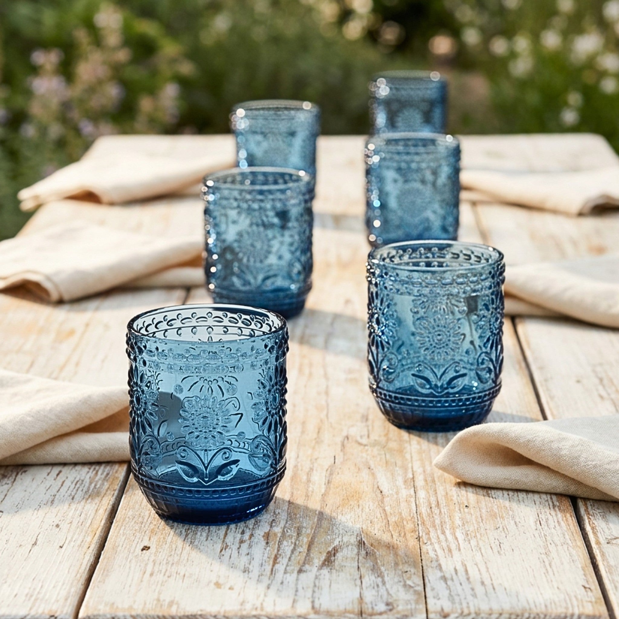Blue Floral Embossed Glass Tumbler