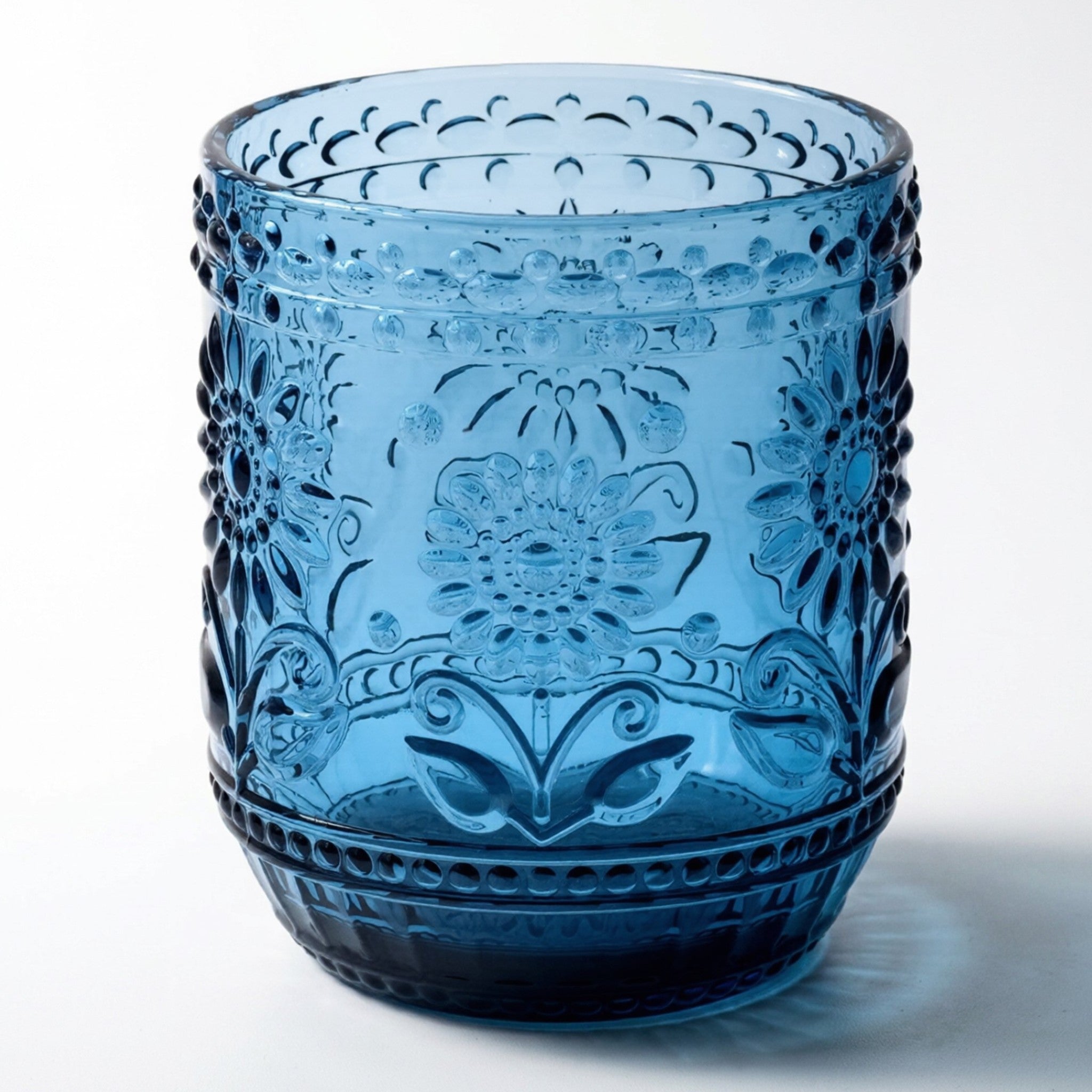 Blue Floral Embossed Glass Tumbler