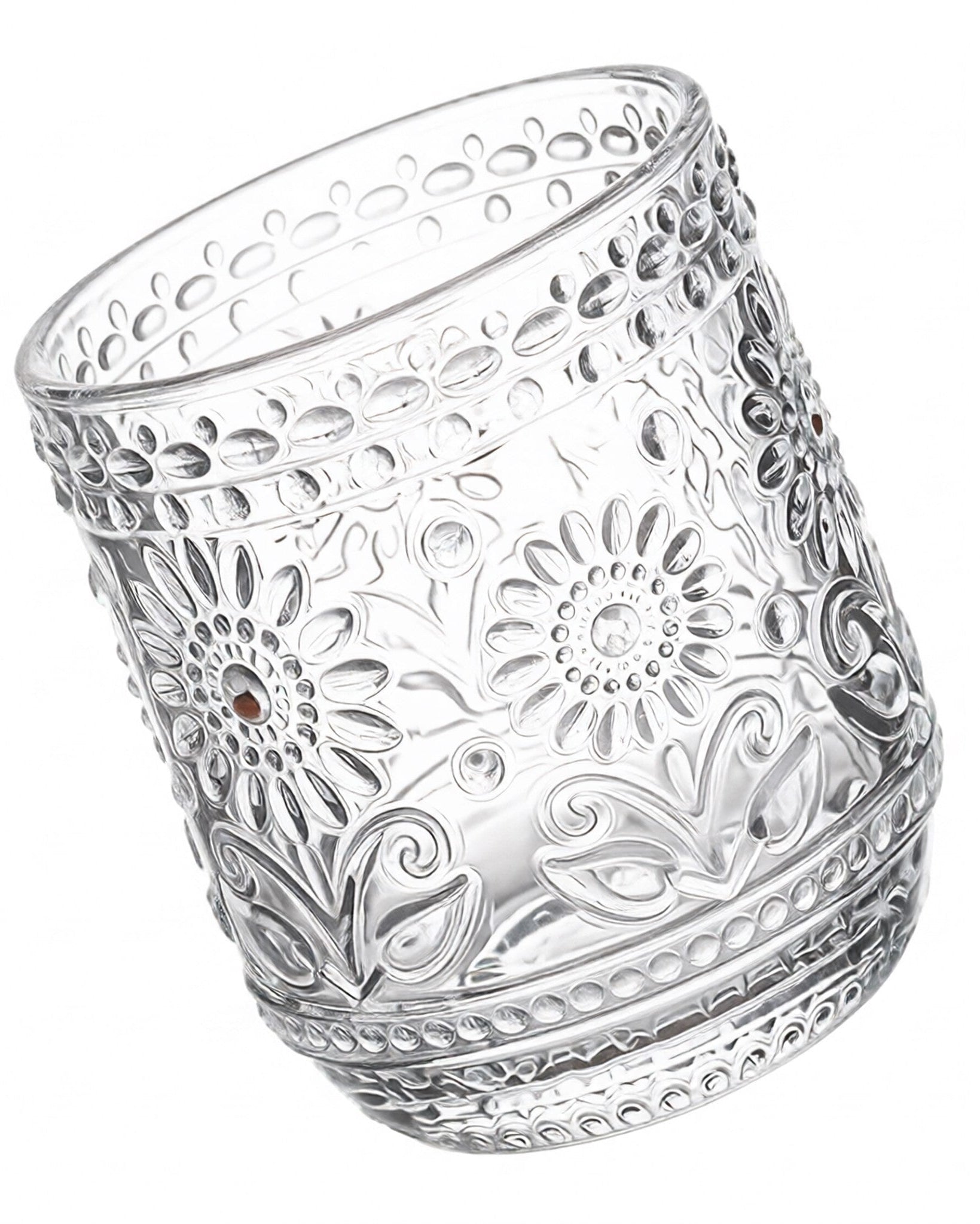 Clear glass with floral patterns on a white background