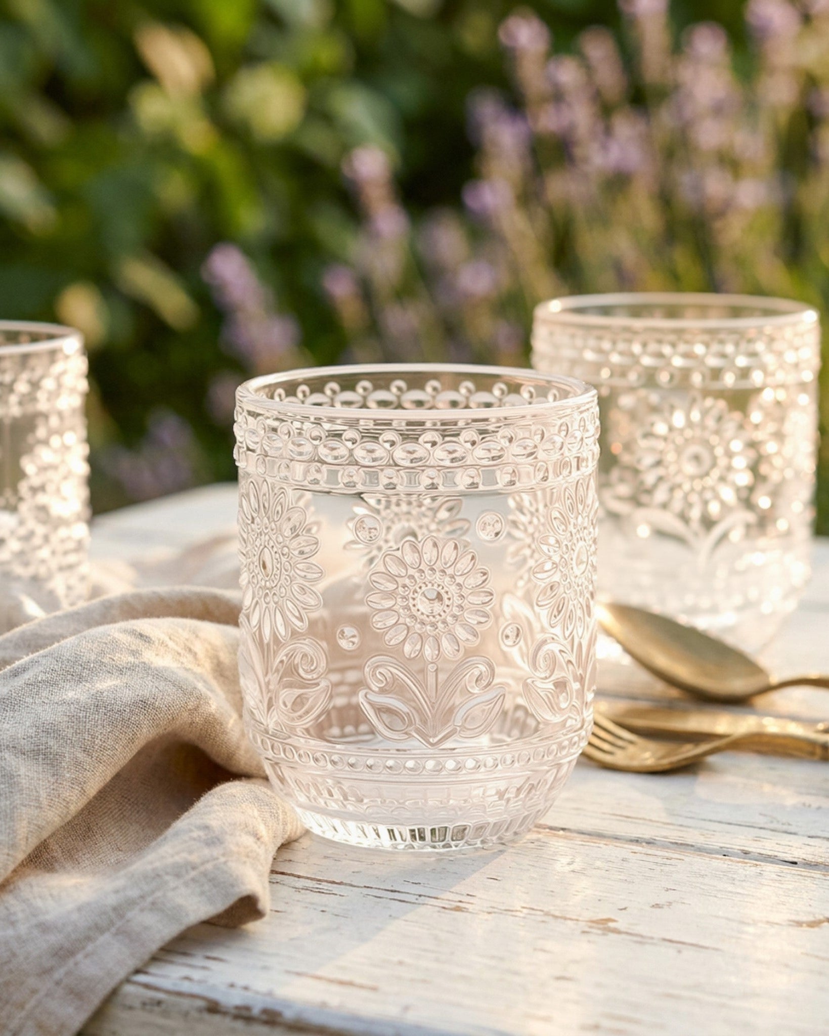 Clear glass with floral patterns on a white background