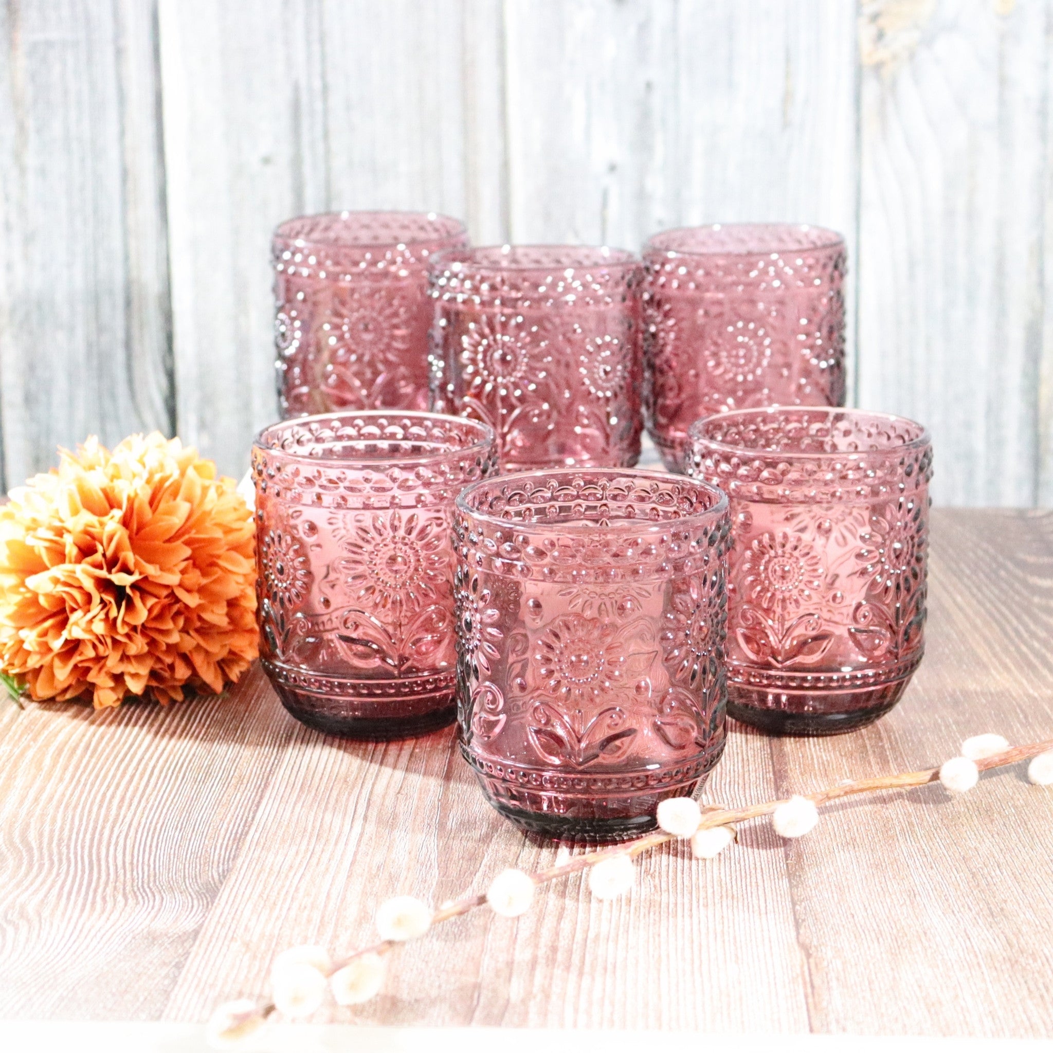 Purple Floral Embossed Glass Tumbler