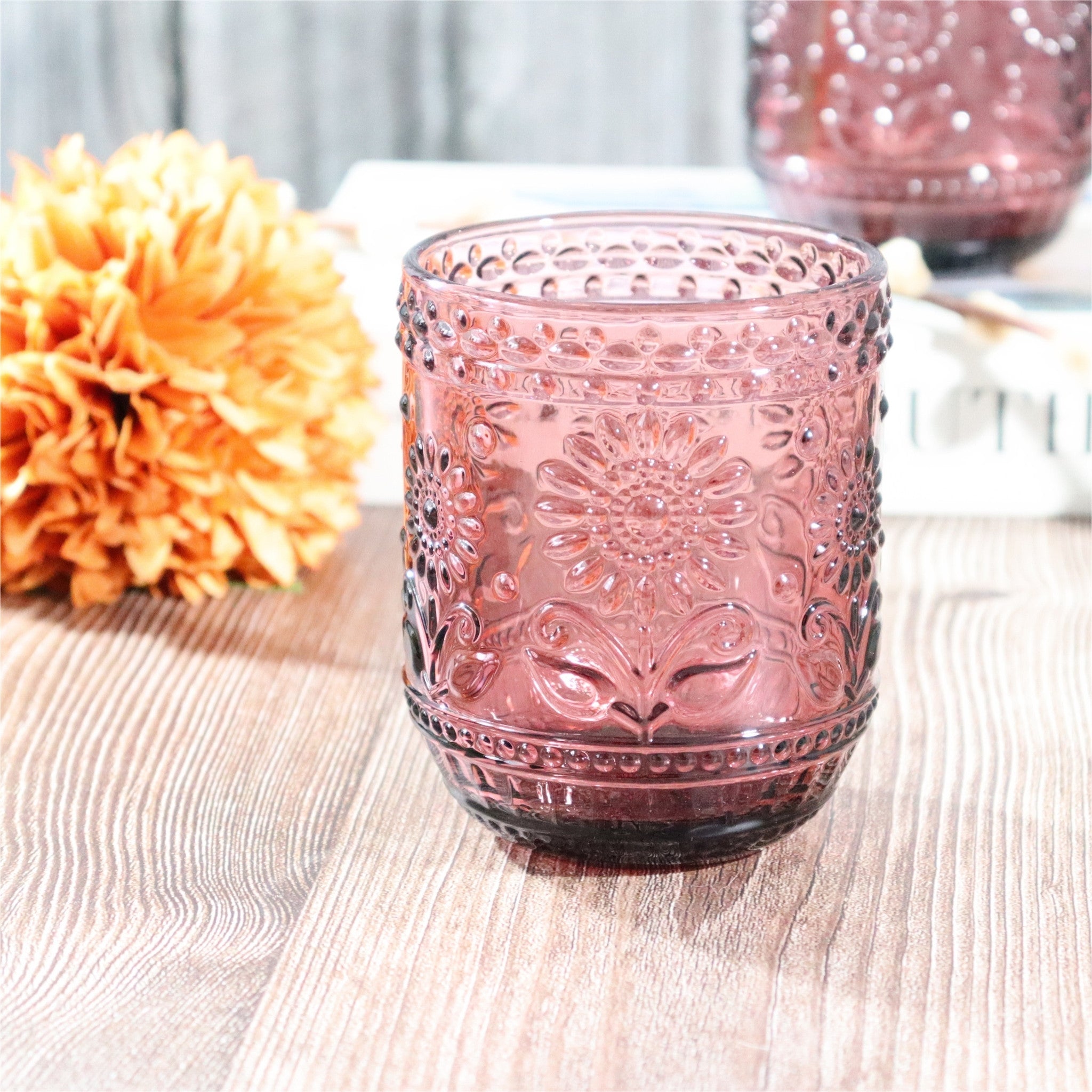 Purple Floral Embossed Glass Tumbler